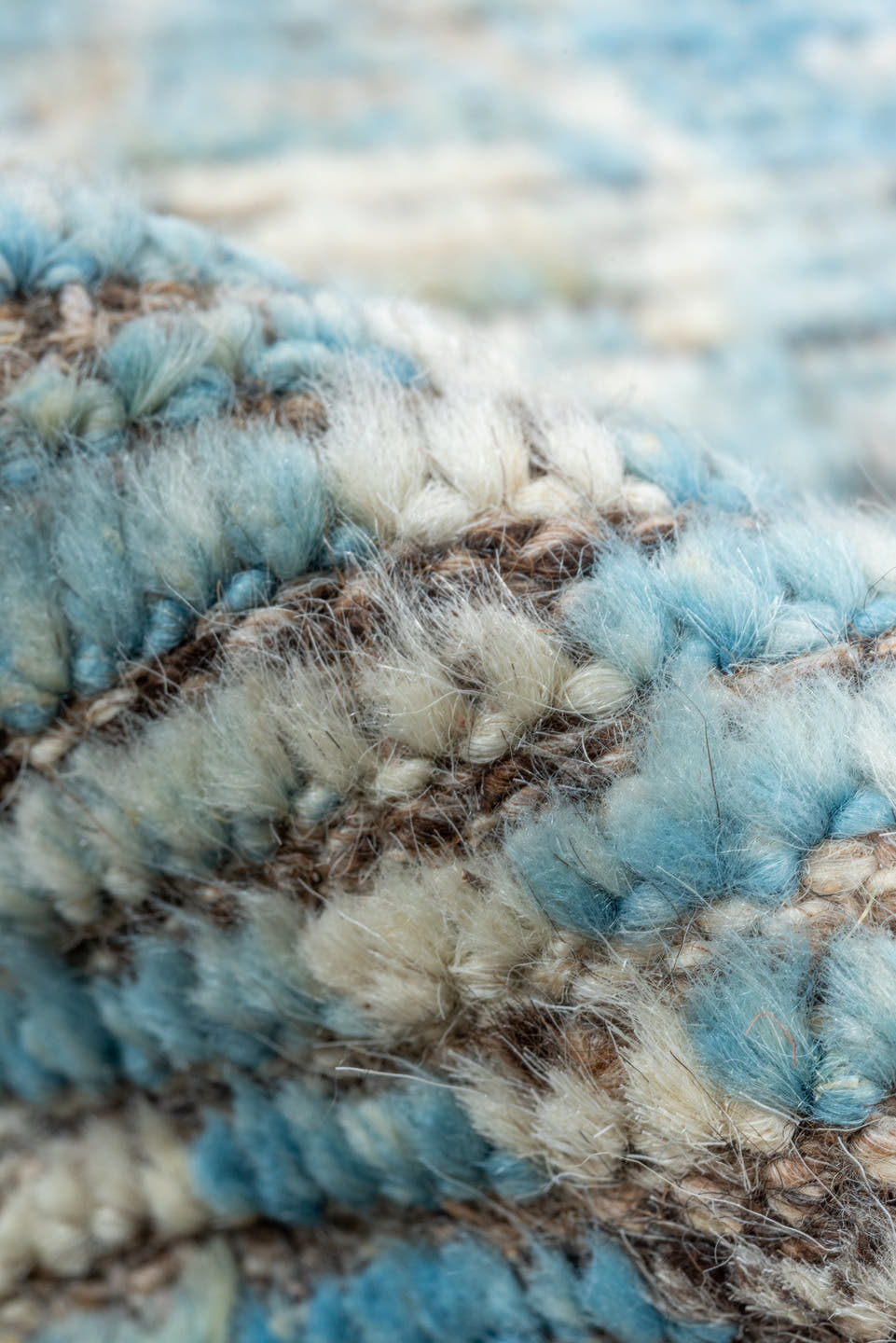 3' x 9' one-of-a-kind handmade vintage Tulu runner rug. Color palette: sky blue, ivory, taupe, brown, light blue, beige