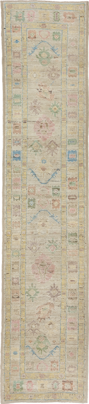2' x 13' one-of-a-kind handmade vintage Tulu runner rug. Color palette: ivory, beige, pale blue, blush, sage, muted gold