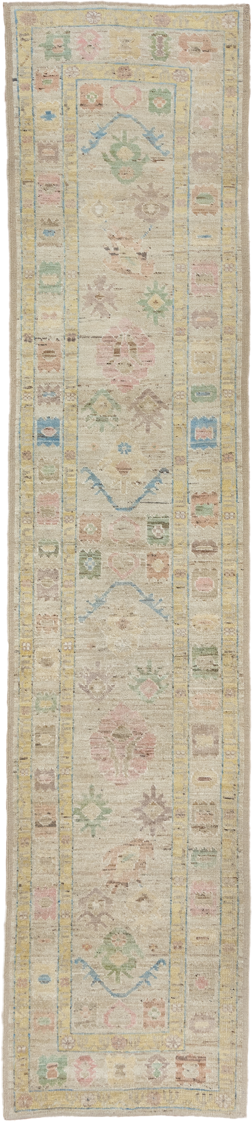 2' x 13' one-of-a-kind handmade vintage Tulu runner rug. Color palette: ivory, beige, pale blue, blush, sage, muted gold