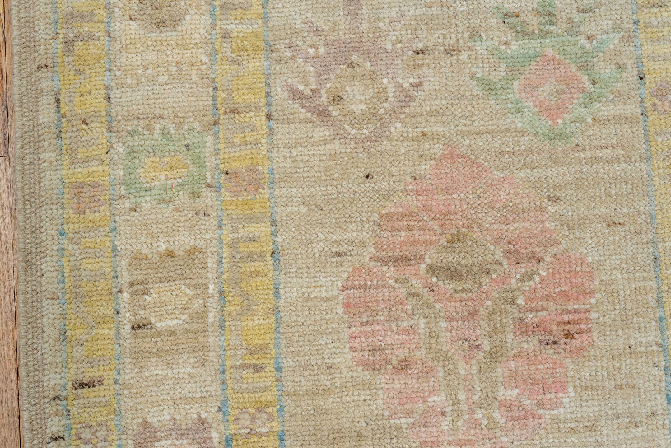 2' x 13' one-of-a-kind handmade vintage Tulu runner rug. Color palette: ivory, beige, pale blue, blush, sage, muted gold