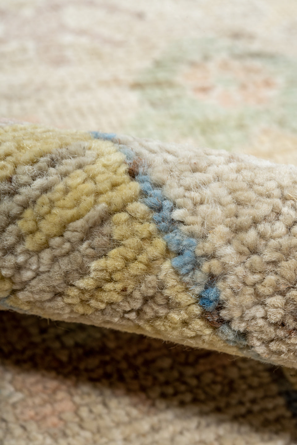 2' x 13' one-of-a-kind handmade vintage Tulu runner rug. Color palette: ivory, beige, pale blue, blush, sage, muted gold