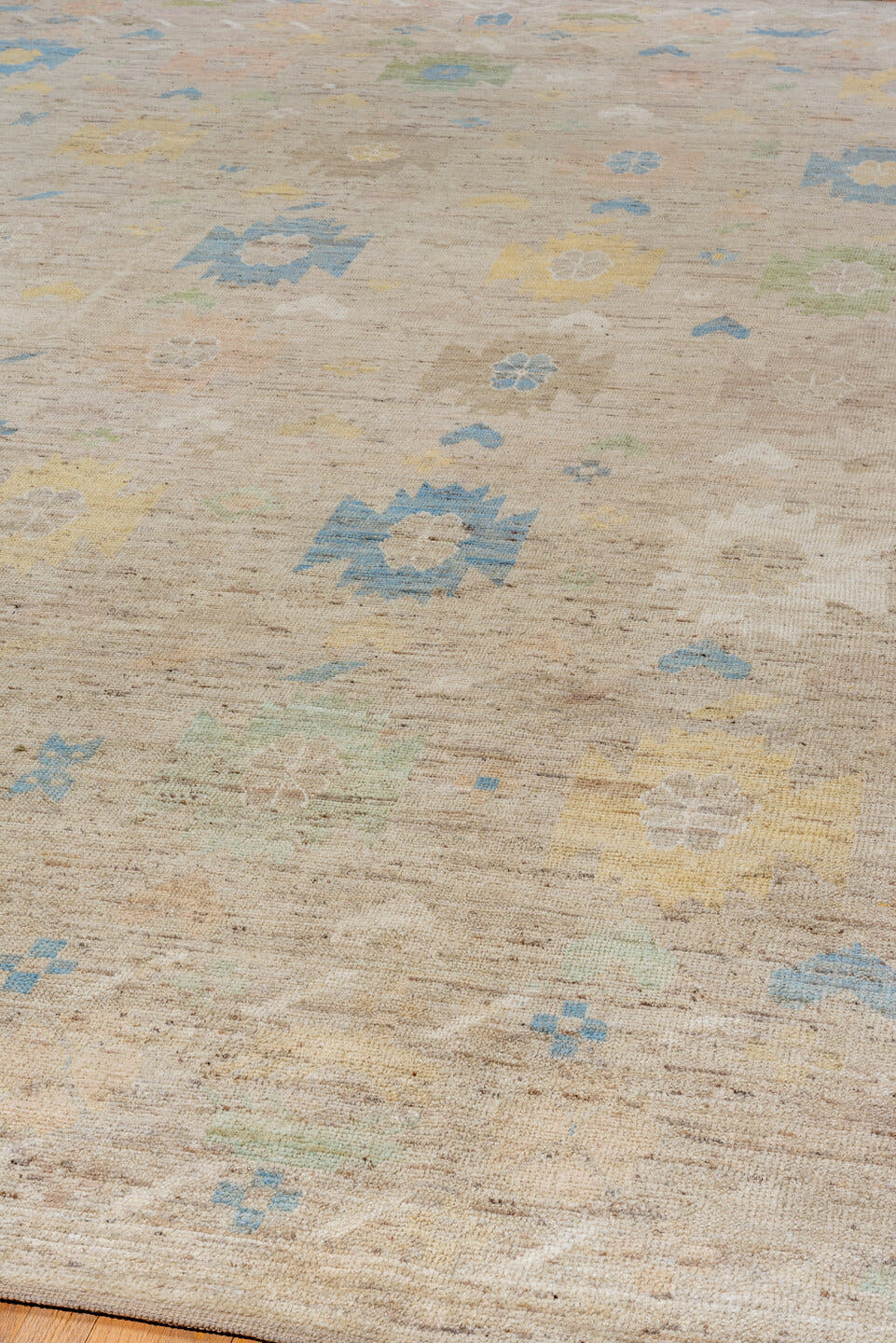 12' x 15' one-of-a-kind handmade vintage Tulu oversize rug. Color palette: beige, ivory, sky_blue, pale_yellow, sage, blush