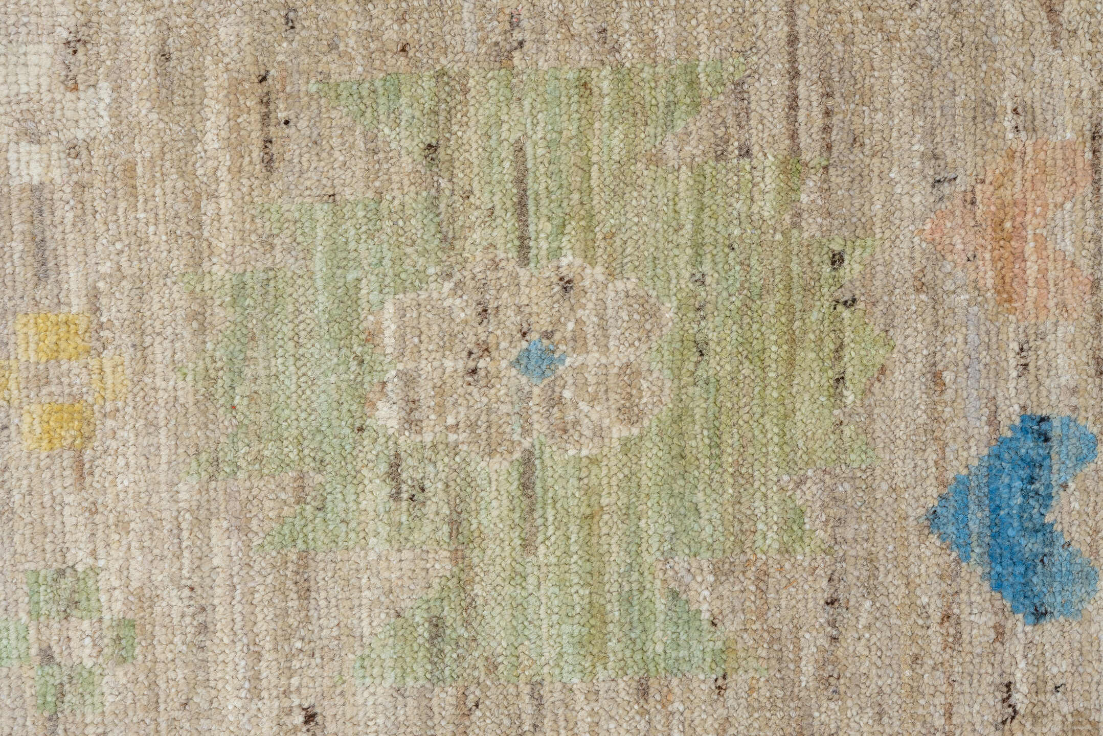 12' x 15' one-of-a-kind handmade vintage Tulu oversize rug. Color palette: beige, ivory, sky_blue, pale_yellow, sage, blush