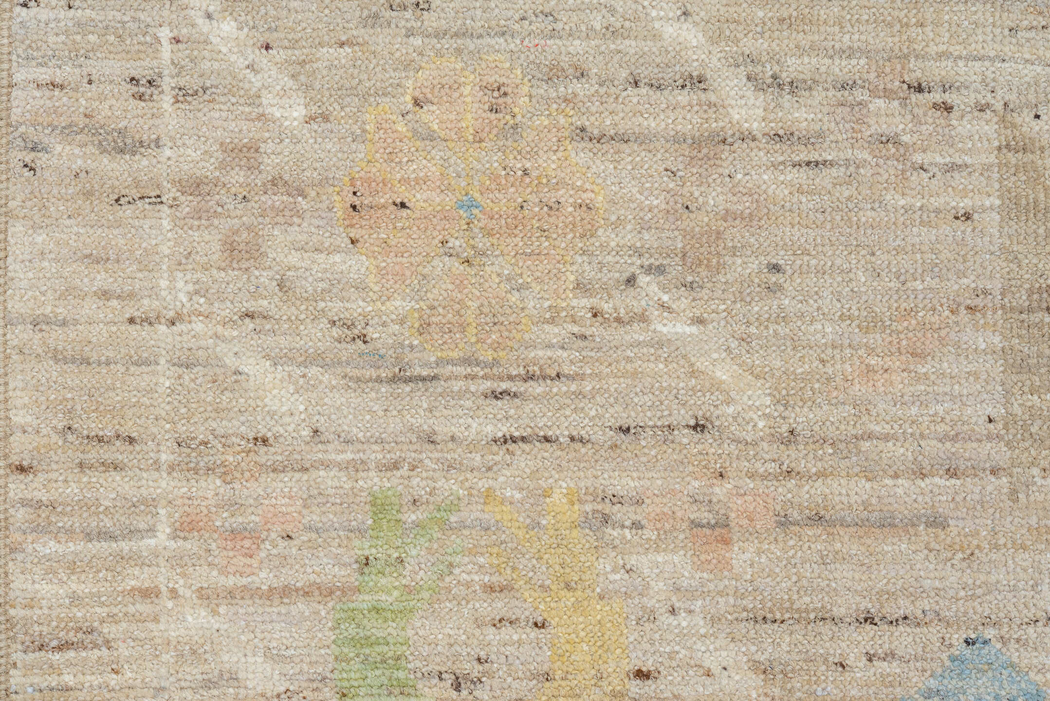 12' x 15' one-of-a-kind handmade vintage Tulu oversize rug. Color palette: beige, ivory, sky_blue, pale_yellow, sage, blush