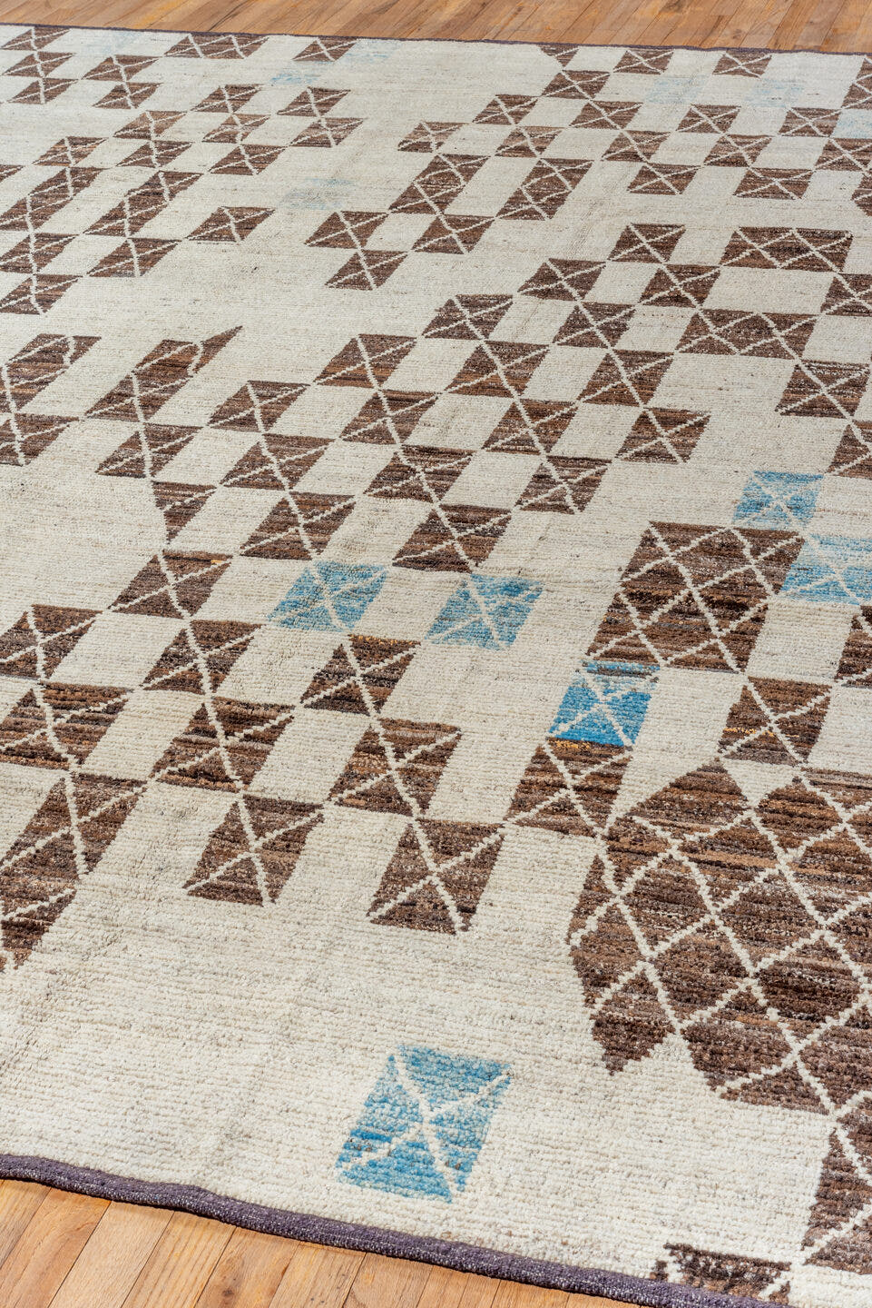 10' x 11' one-of-a-kind handmade vintage Tulu large size rug. Color palette: ivory, brown, sky blue, taupe, light blue