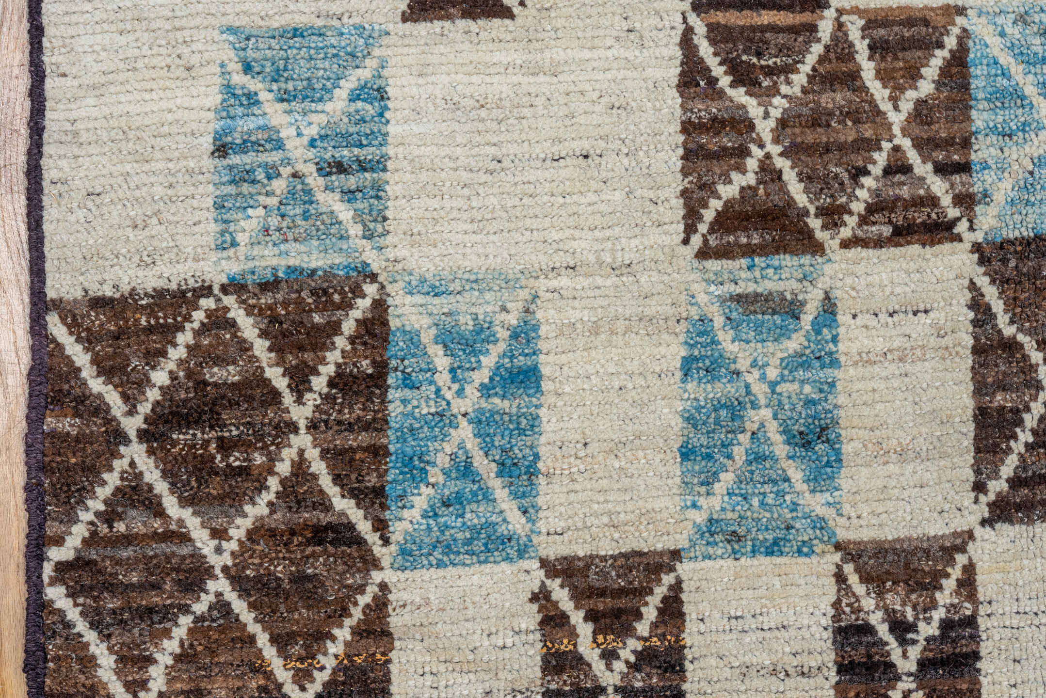 10' x 11' one-of-a-kind handmade vintage Tulu large size rug. Color palette: ivory, brown, sky blue, taupe, light blue