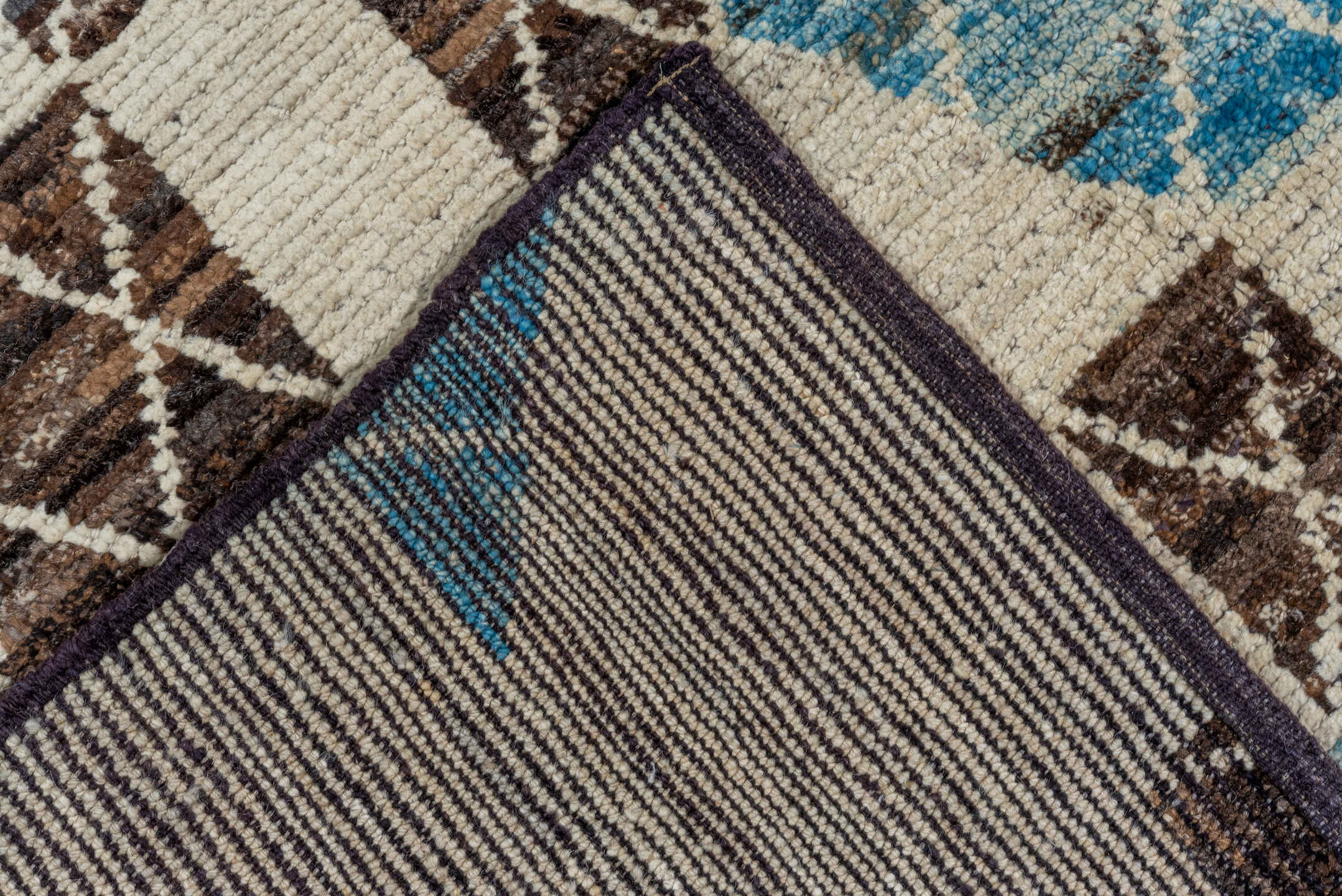 10' x 11' one-of-a-kind handmade vintage Tulu large size rug. Color palette: ivory, brown, sky blue, taupe, light blue