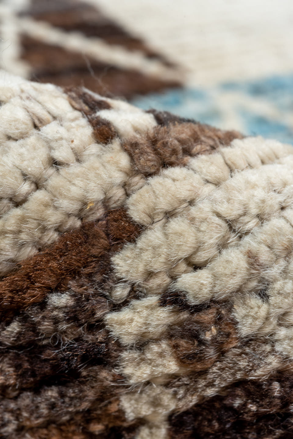 10' x 11' one-of-a-kind handmade vintage Tulu large size rug. Color palette: ivory, brown, sky blue, taupe, light blue