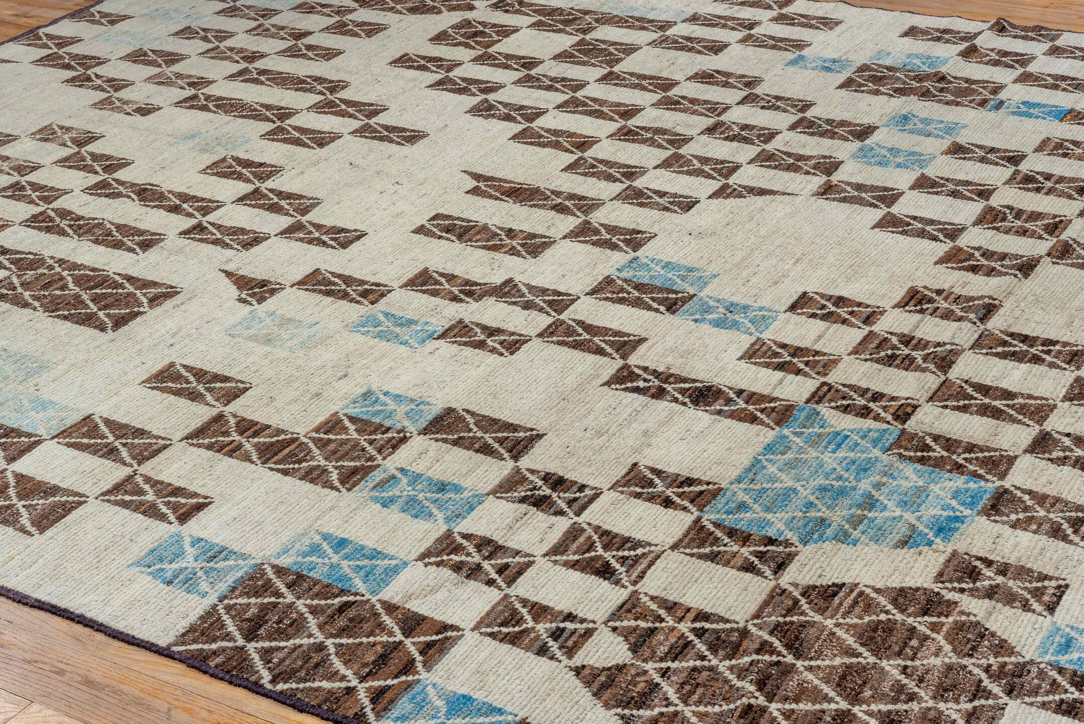 10' x 11' one-of-a-kind handmade vintage Tulu large size rug. Color palette: ivory, brown, sky blue, taupe, light blue