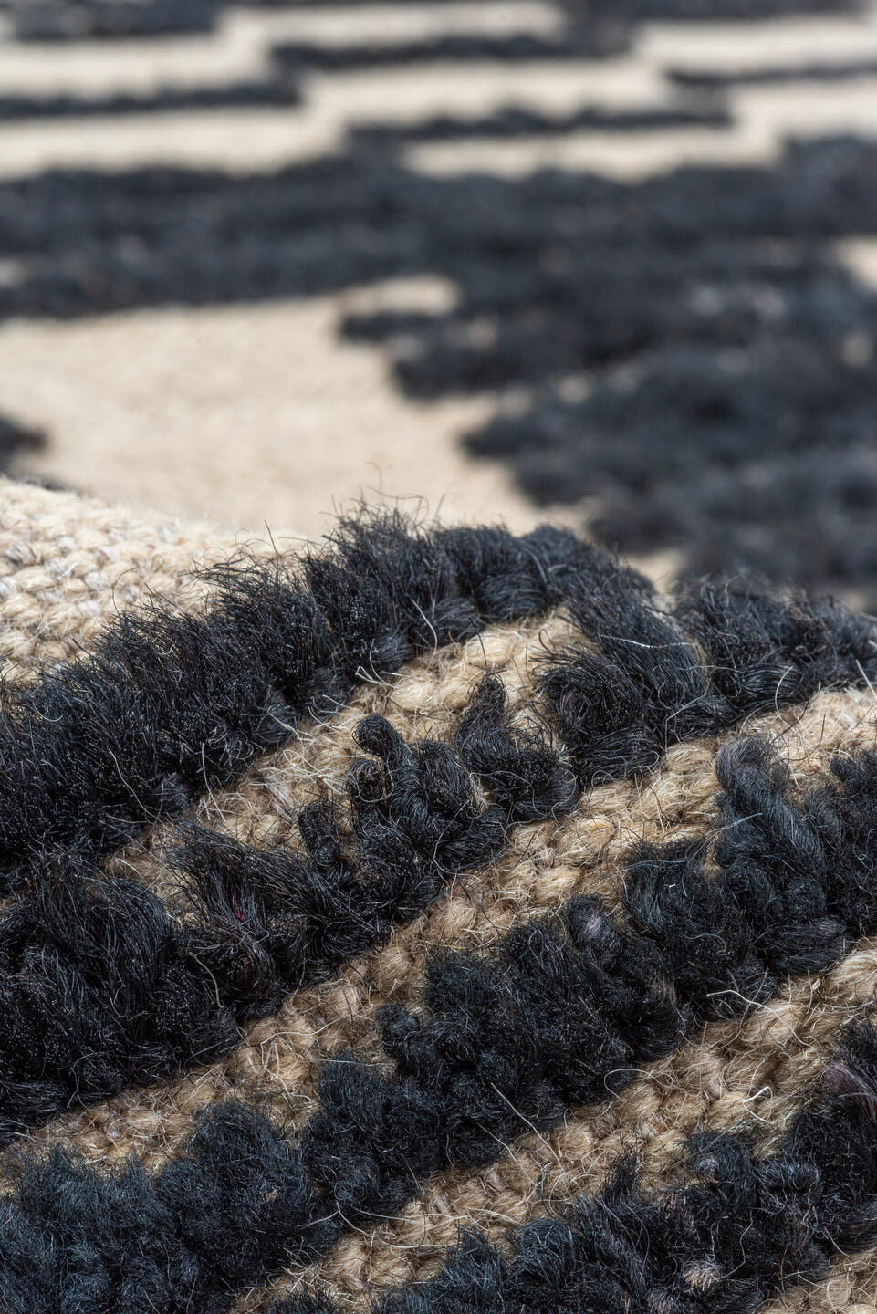 10' x 12' one-of-a-kind handmade vintage Tulu large size rug. Color palette: ivory, charcoal, taupe, gray, black, beige