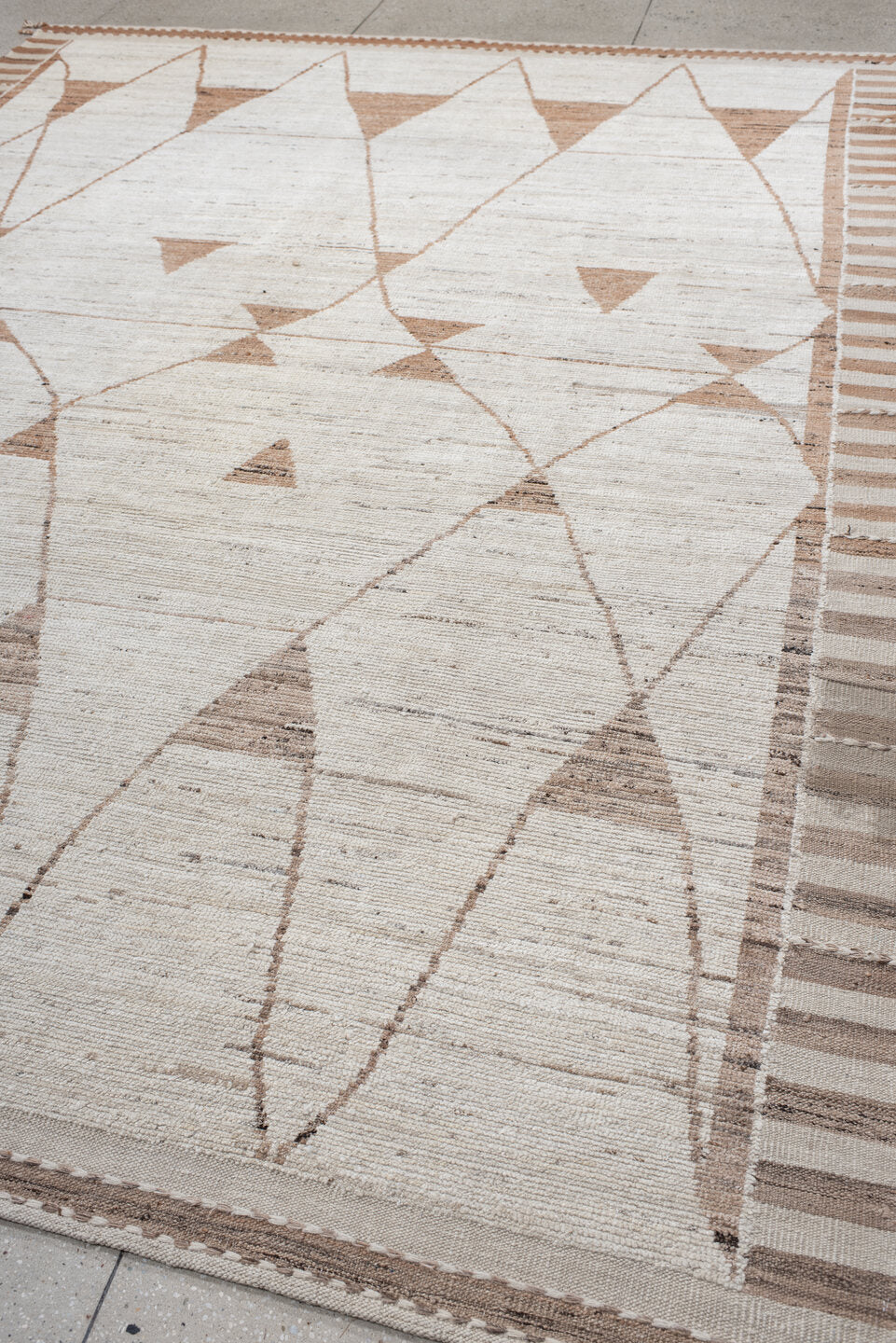 9' x 12' one-of-a-kind handmade vintage Tulu large size rug. Color palette: ivory, camel, taupe, beige, light brown, gray