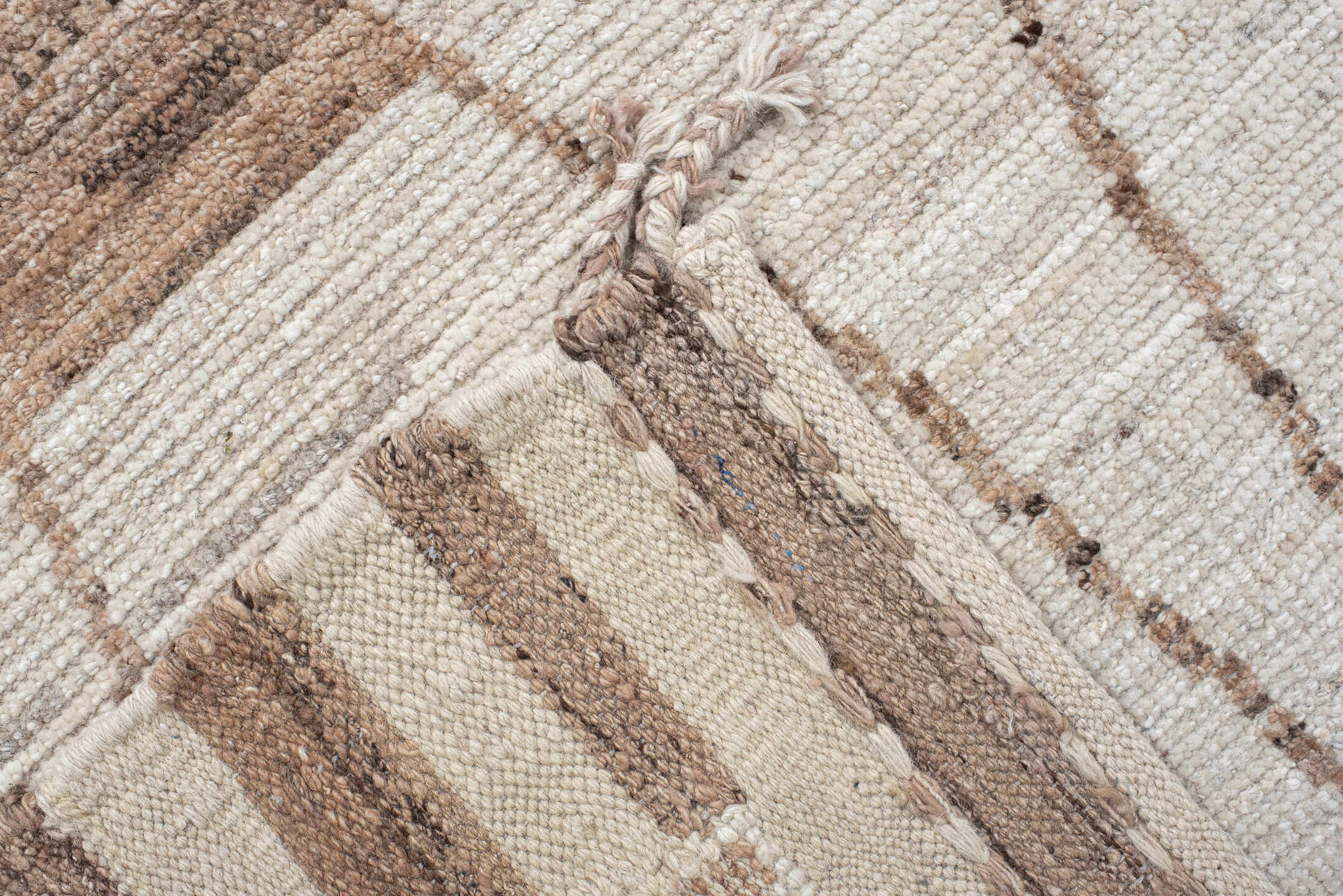 9' x 12' one-of-a-kind handmade vintage Tulu large size rug. Color palette: ivory, camel, taupe, beige, light brown, gray