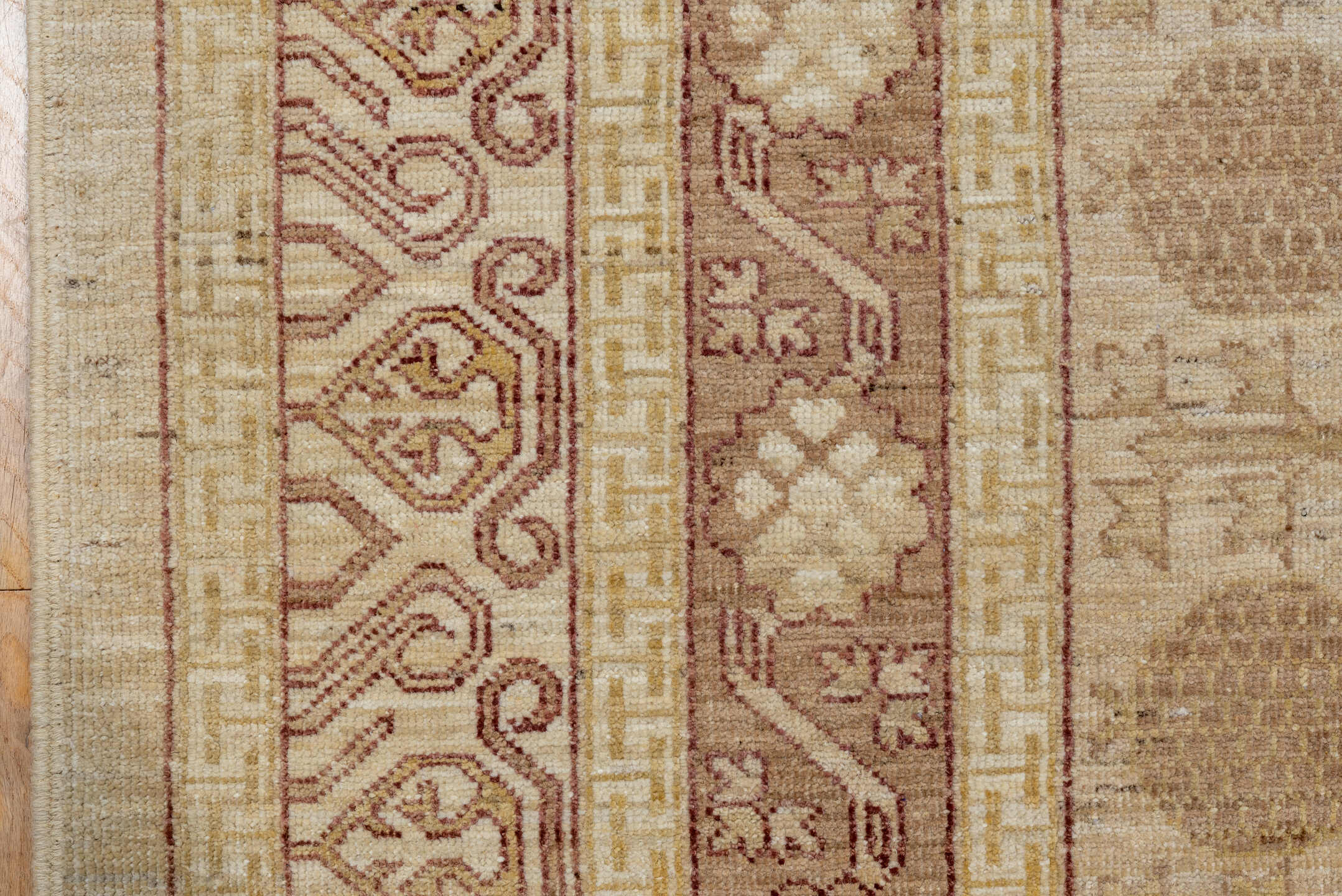 9' x 12' one-of-a-kind handmade vintage Khotan large size rug. Color palette: brown, gray, off-white, orange, pink, snow