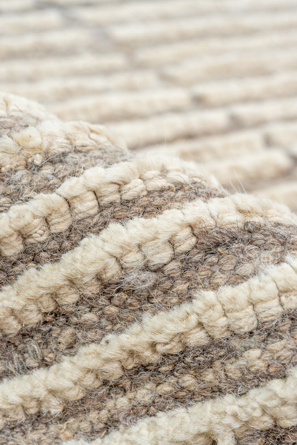 9' x 12' one-of-a-kind handmade vintage Tulu large size rug. Color palette: ivory, taupe, gray, cream, beige