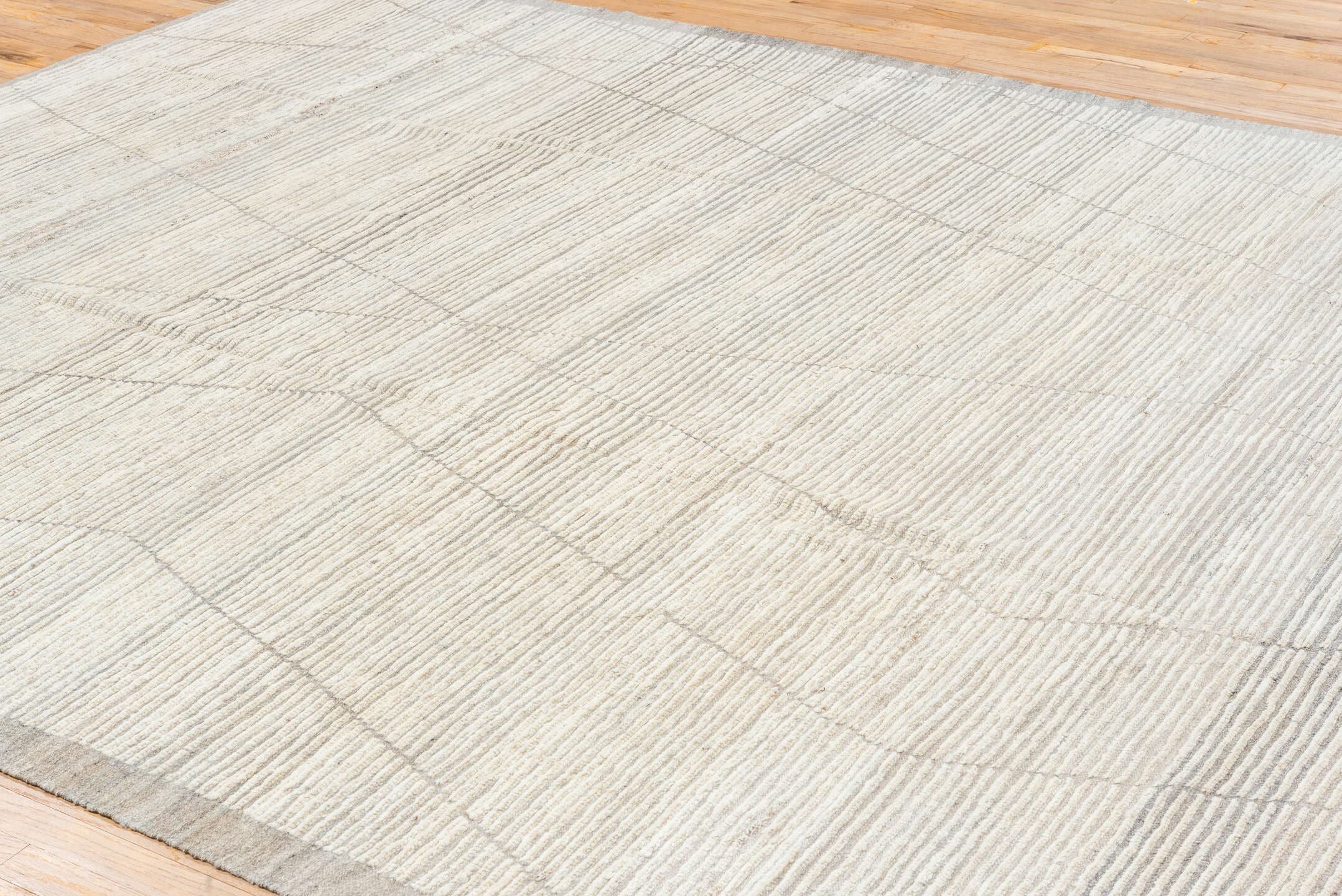 9' x 12' one-of-a-kind handmade vintage Tulu large size rug. Color palette: ivory, taupe, gray, cream, beige
