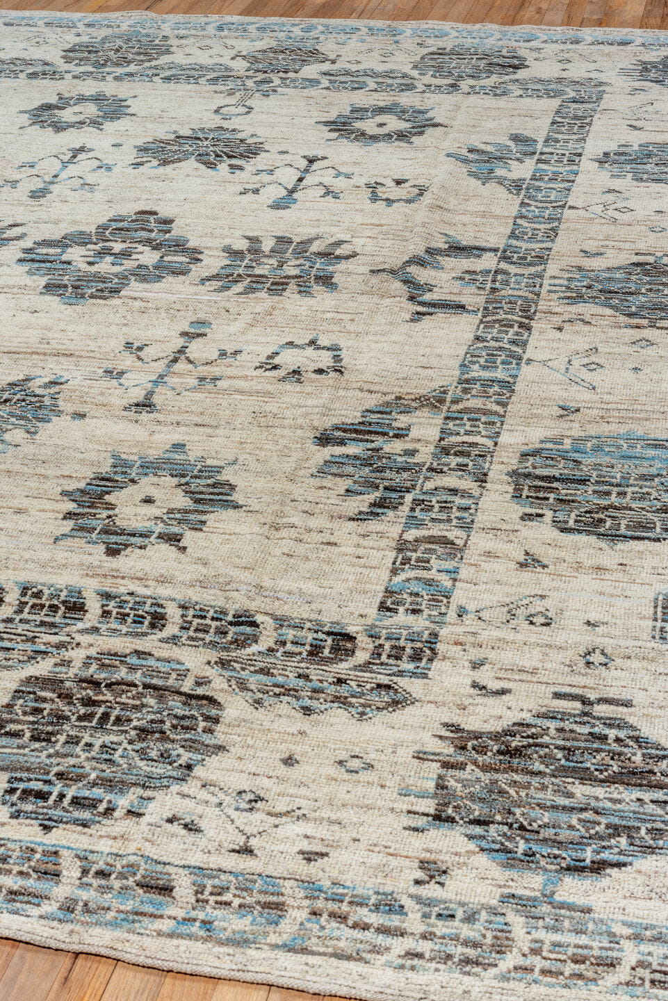 9' x 12' one-of-a-kind handmade vintage Tulu large size rug. Color palette: ivory, sky blue, charcoal, slate, taupe