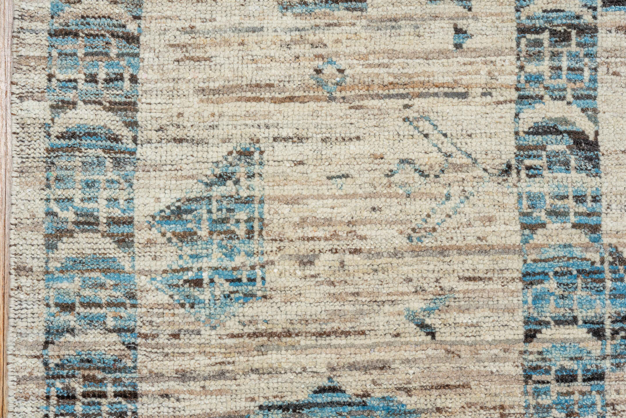 9' x 12' one-of-a-kind handmade vintage Tulu large size rug. Color palette: ivory, sky blue, charcoal, slate, taupe