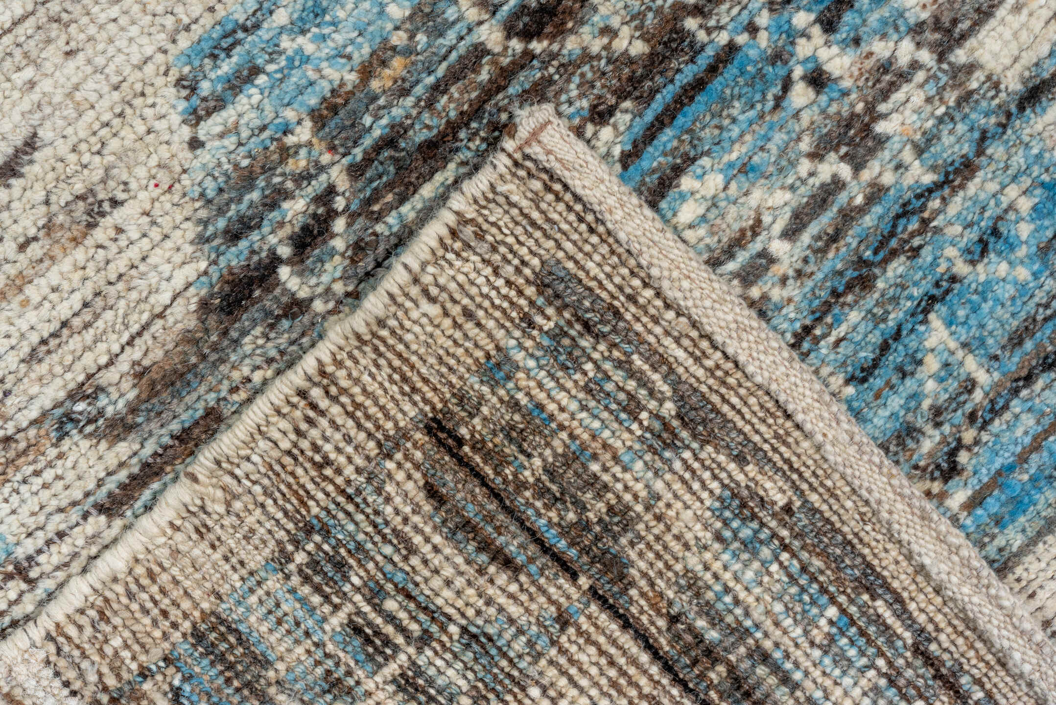 9' x 12' one-of-a-kind handmade vintage Tulu large size rug. Color palette: ivory, sky blue, charcoal, slate, taupe
