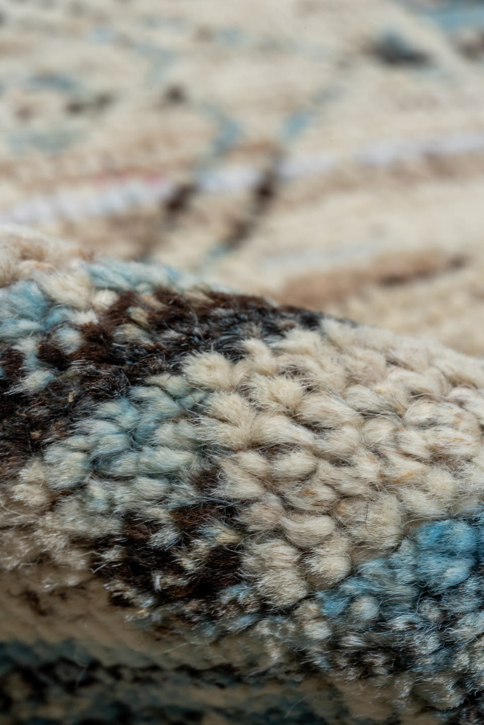 9' x 12' one-of-a-kind handmade vintage Tulu large size rug. Color palette: ivory, sky blue, charcoal, slate, taupe