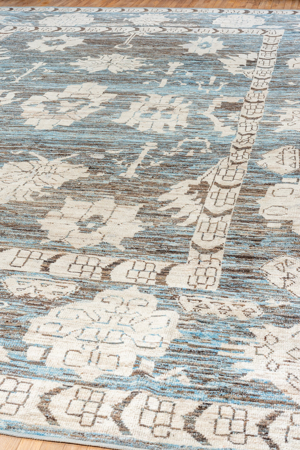 12' x 17' one-of-a-kind handmade vintage Tulu oversize rug. Color palette: black, blue, charcoal, dark gray, dim gray, gray