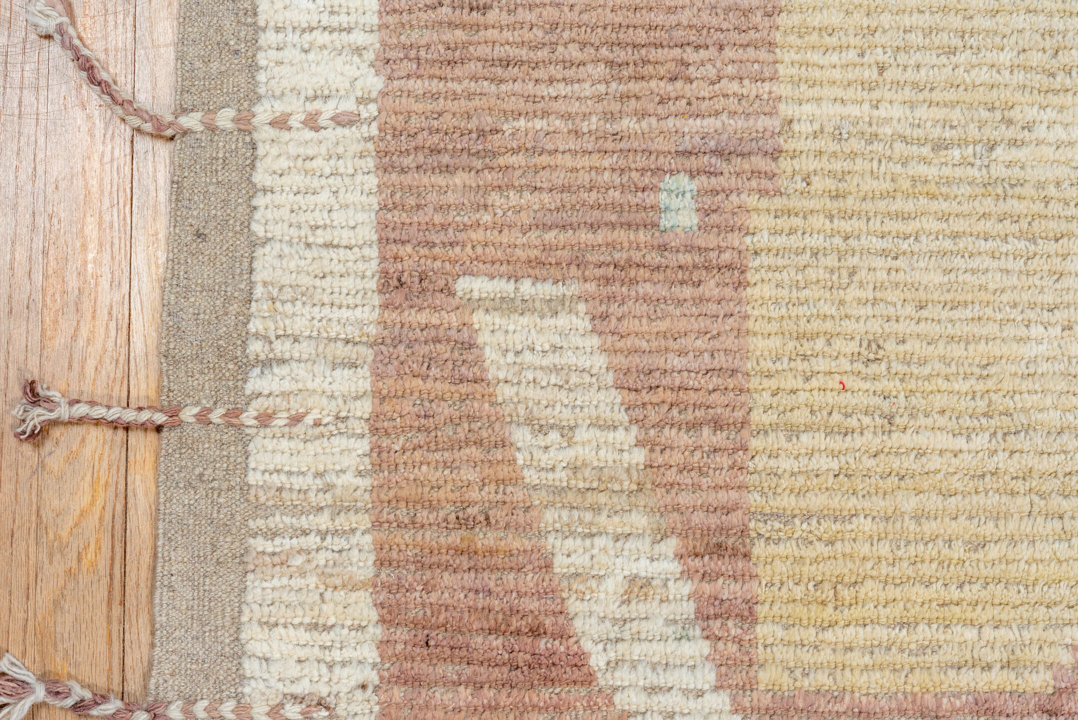 10' x 11' one-of-a-kind handmade vintage Tulu large size rug. Color palette: ivory, rose, pale_gold, sky_blue, taupe, peach