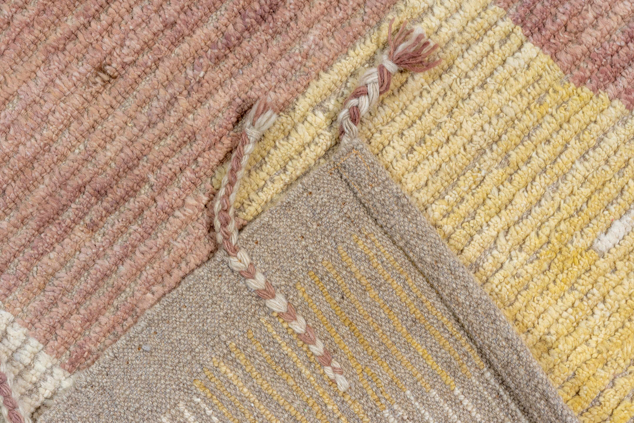 10' x 11' one-of-a-kind handmade vintage Tulu large size rug. Color palette: ivory, rose, pale_gold, sky_blue, taupe, peach