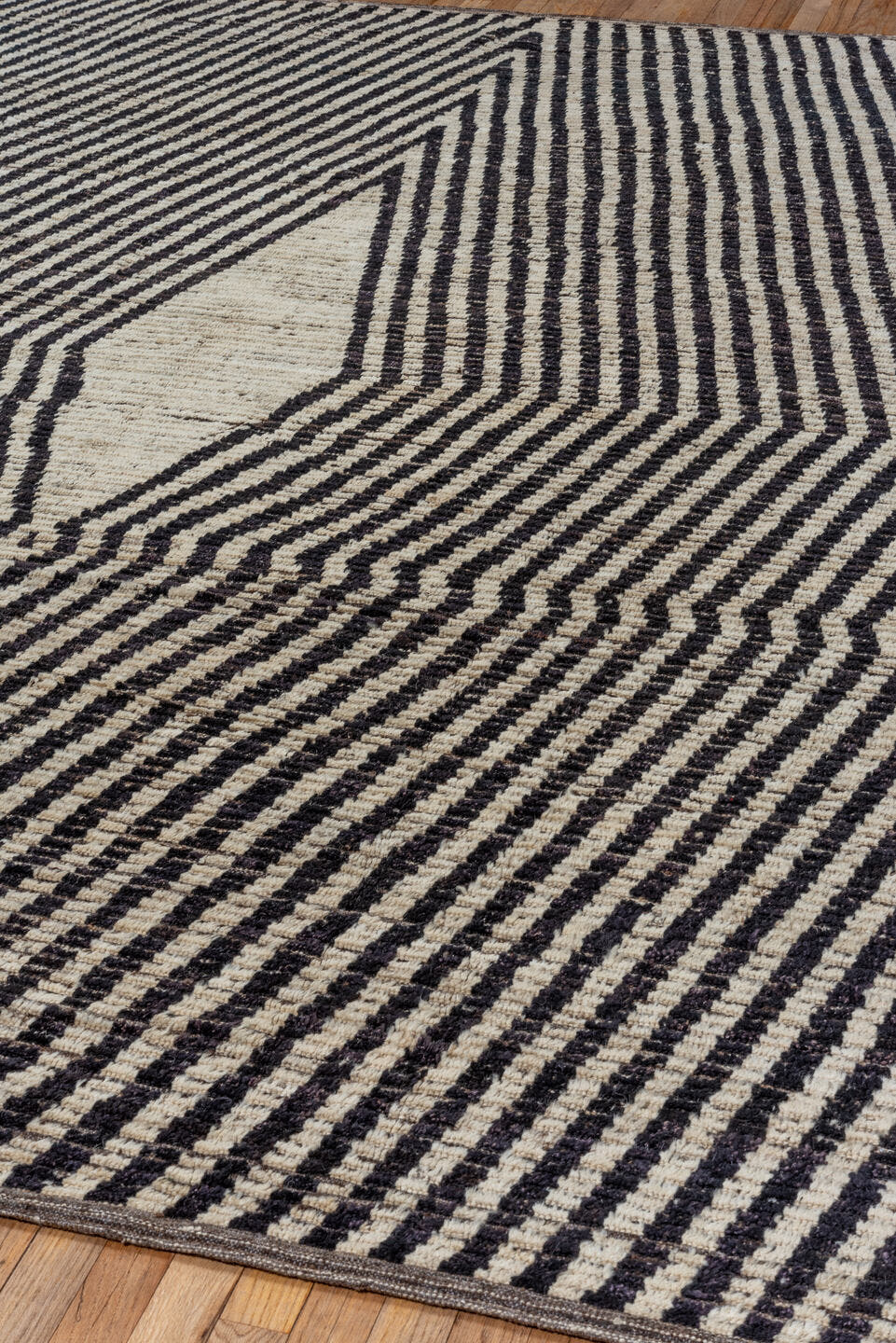 9' x 11' one-of-a-kind handmade vintage Tulu large size rug. Color palette: ivory, charcoal, taupe, brown, gray, black