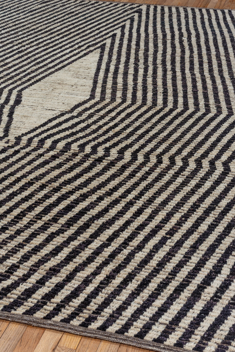 9' x 11' one-of-a-kind handmade vintage Tulu large size rug. Color palette: ivory, charcoal, taupe, brown, gray, black