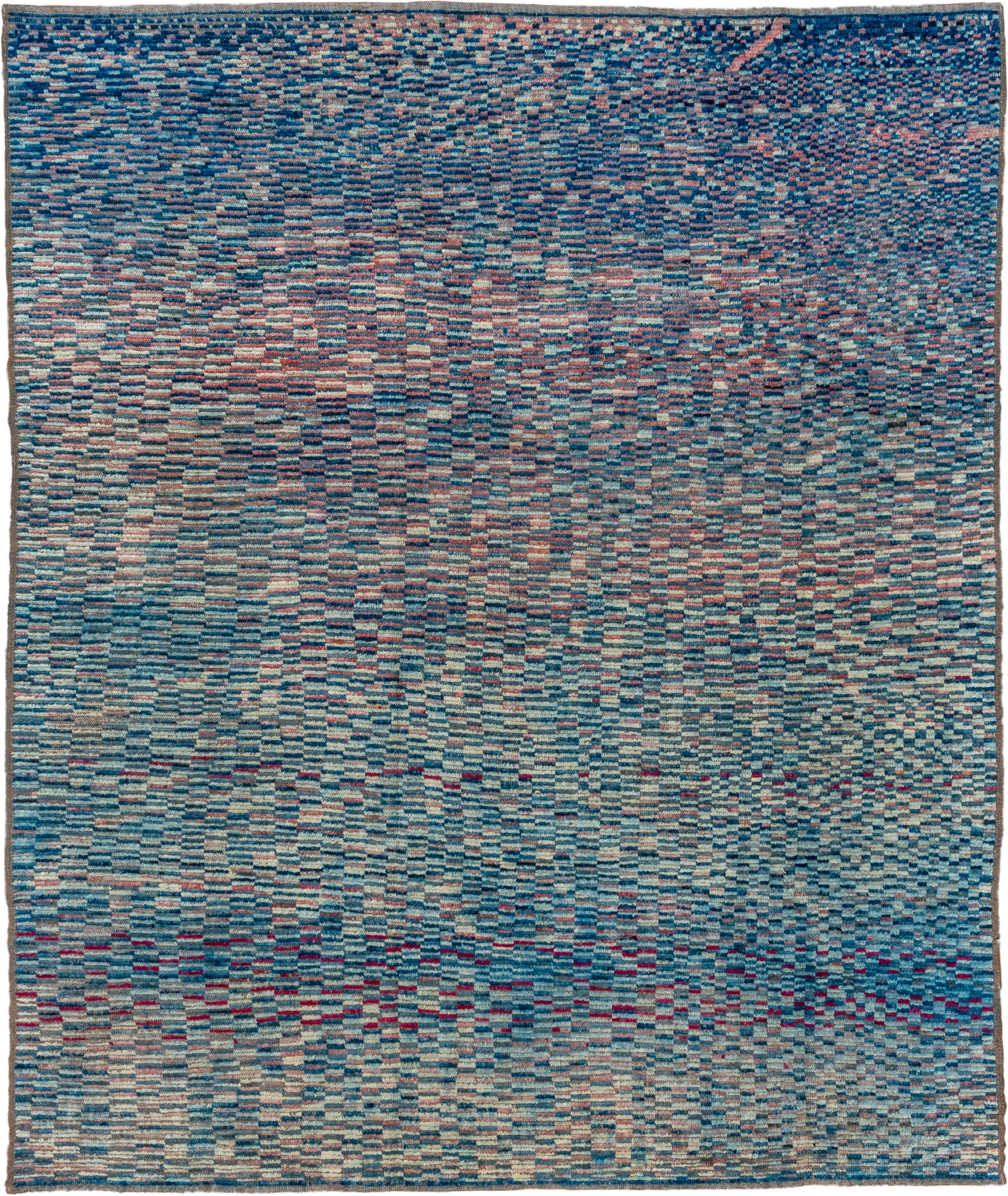 8' x 9' one-of-a-kind handmade vintage Tulu rug. Color palette: blue, ivory, sky blue, rose, navy, crimson, taupe