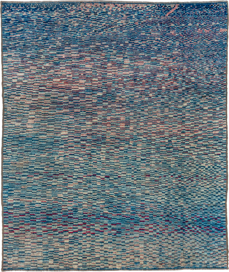 8' x 9' one-of-a-kind handmade vintage Tulu rug. Color palette: blue, ivory, sky blue, rose, navy, crimson, taupe