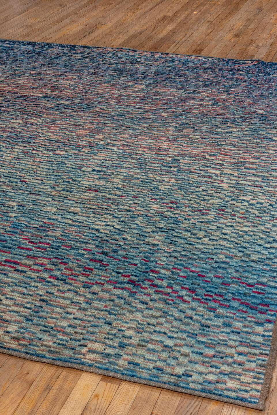 8' x 9' one-of-a-kind handmade vintage Tulu rug. Color palette: blue, ivory, sky blue, rose, navy, crimson, taupe