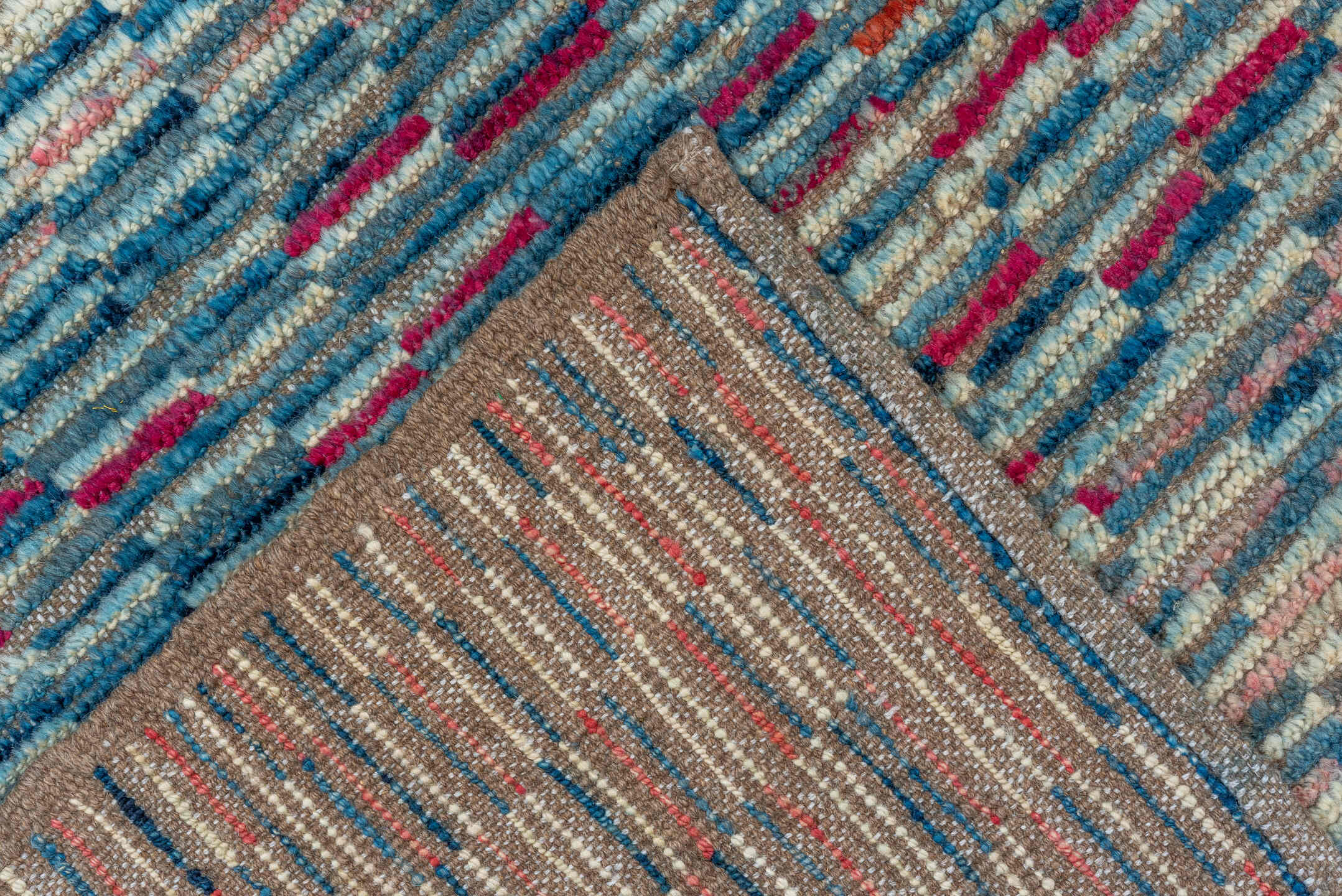 8' x 9' one-of-a-kind handmade vintage Tulu rug. Color palette: blue, ivory, sky blue, rose, navy, crimson, taupe