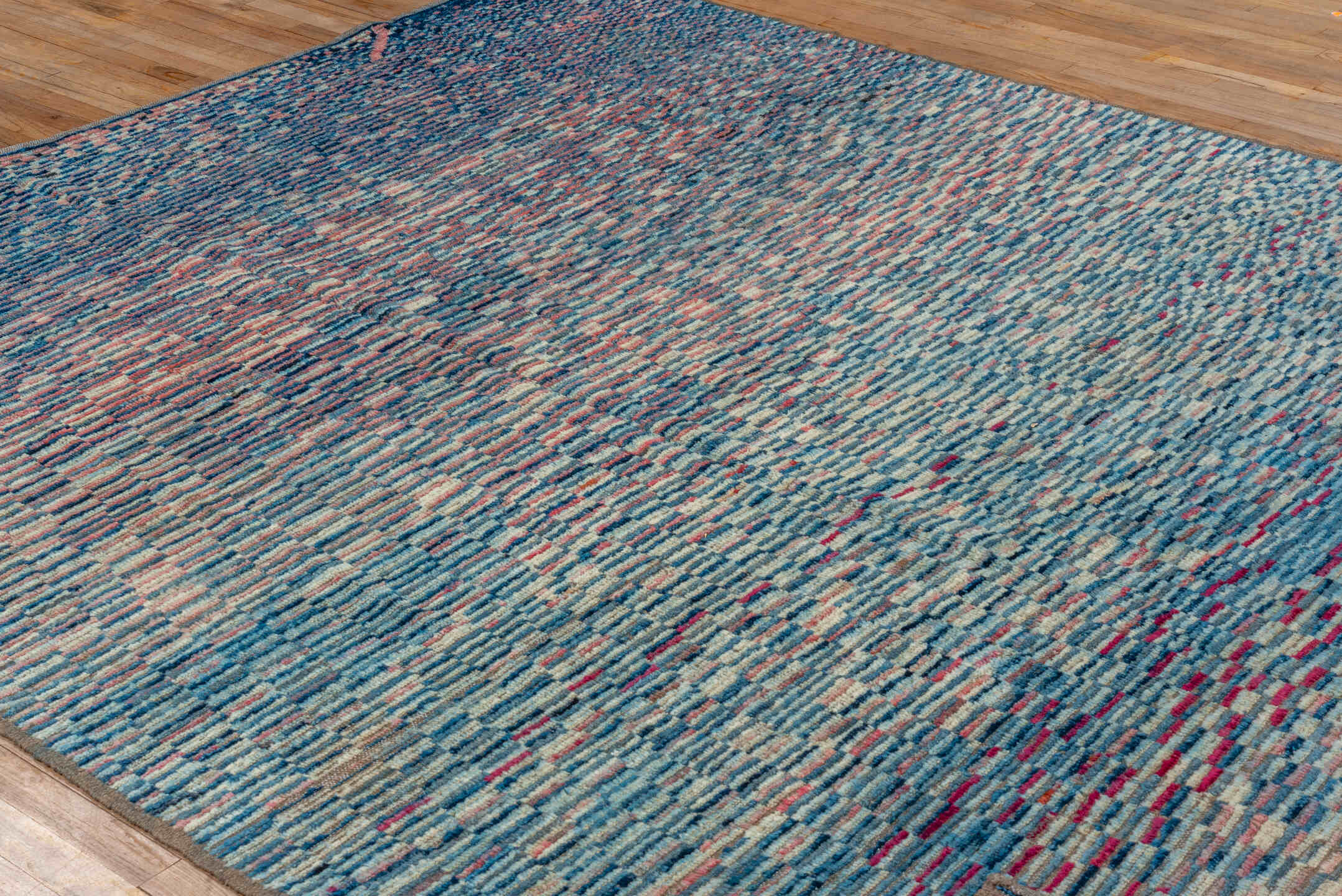 8' x 9' one-of-a-kind handmade vintage Tulu rug. Color palette: blue, ivory, sky blue, rose, navy, crimson, taupe