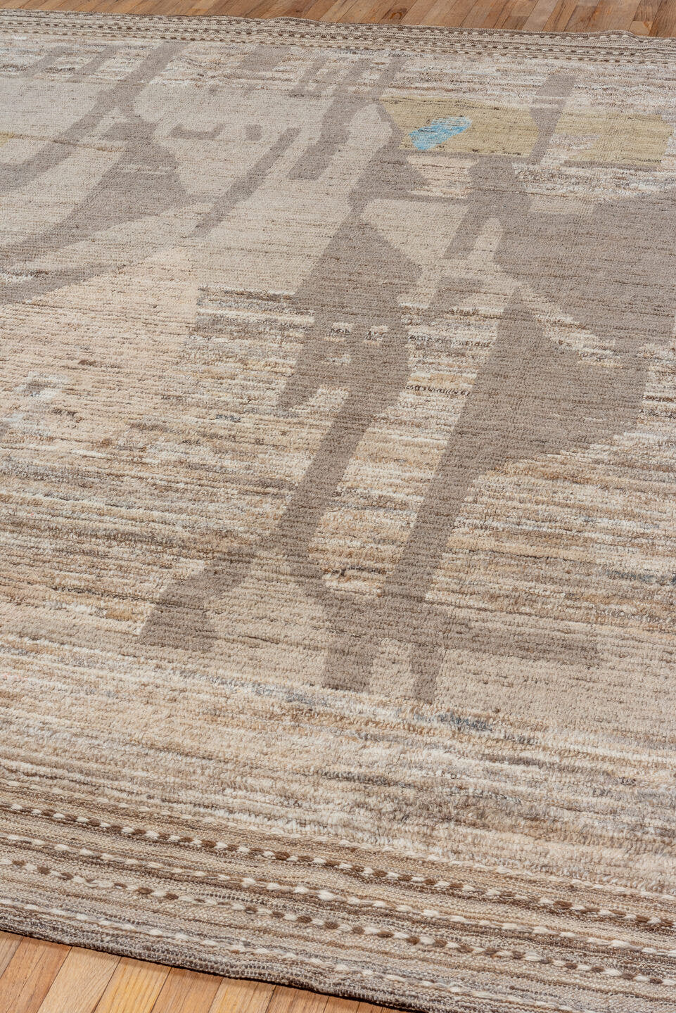 8' x 11' one-of-a-kind handmade vintage Tulu large size rug. Color palette: taupe, ivory, brown, camel, sky_blue, beige