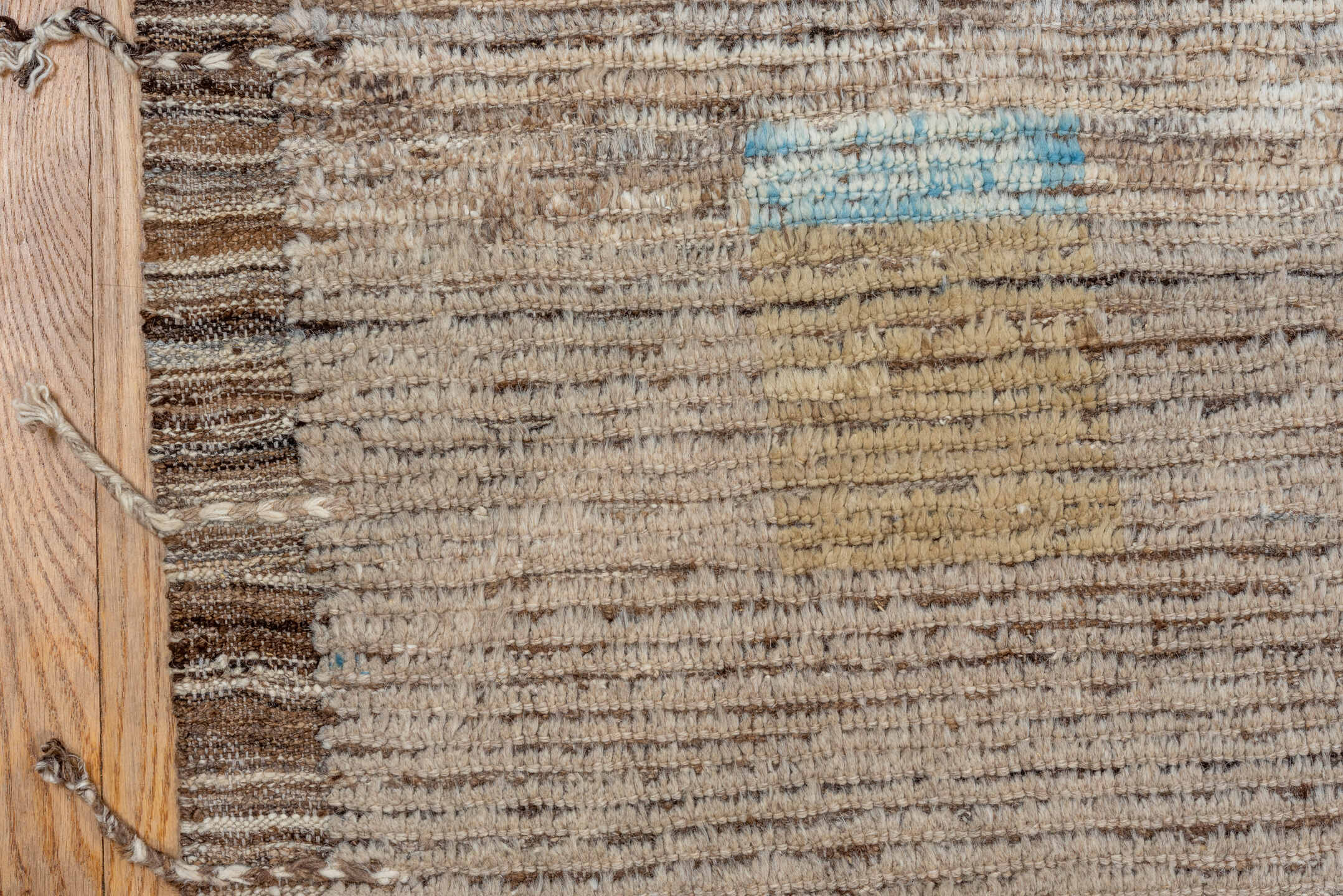 8' x 11' one-of-a-kind handmade vintage Tulu large size rug. Color palette: taupe, ivory, brown, camel, sky_blue, beige