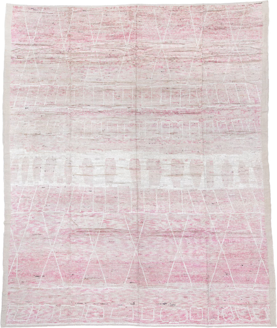 13' x 16' one-of-a-kind handmade vintage Tulu oversize rug. Color palette: ivory, blush pink, cream, pale rose, taupe, pink
