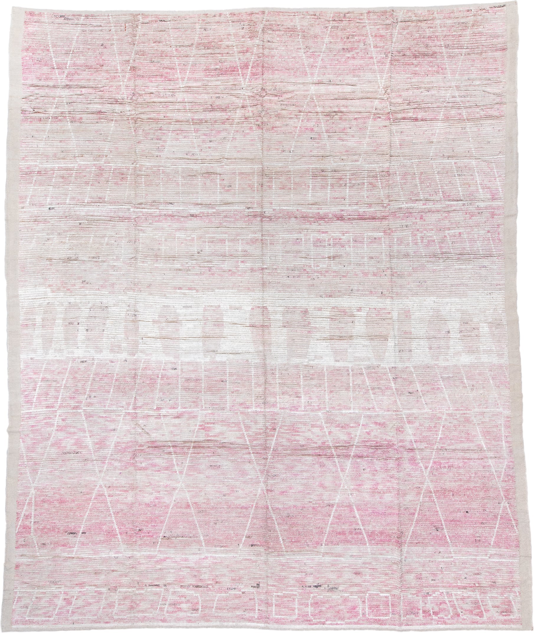 13' x 16' one-of-a-kind handmade vintage Tulu oversize rug. Color palette: ivory, blush pink, cream, pale rose, taupe, pink