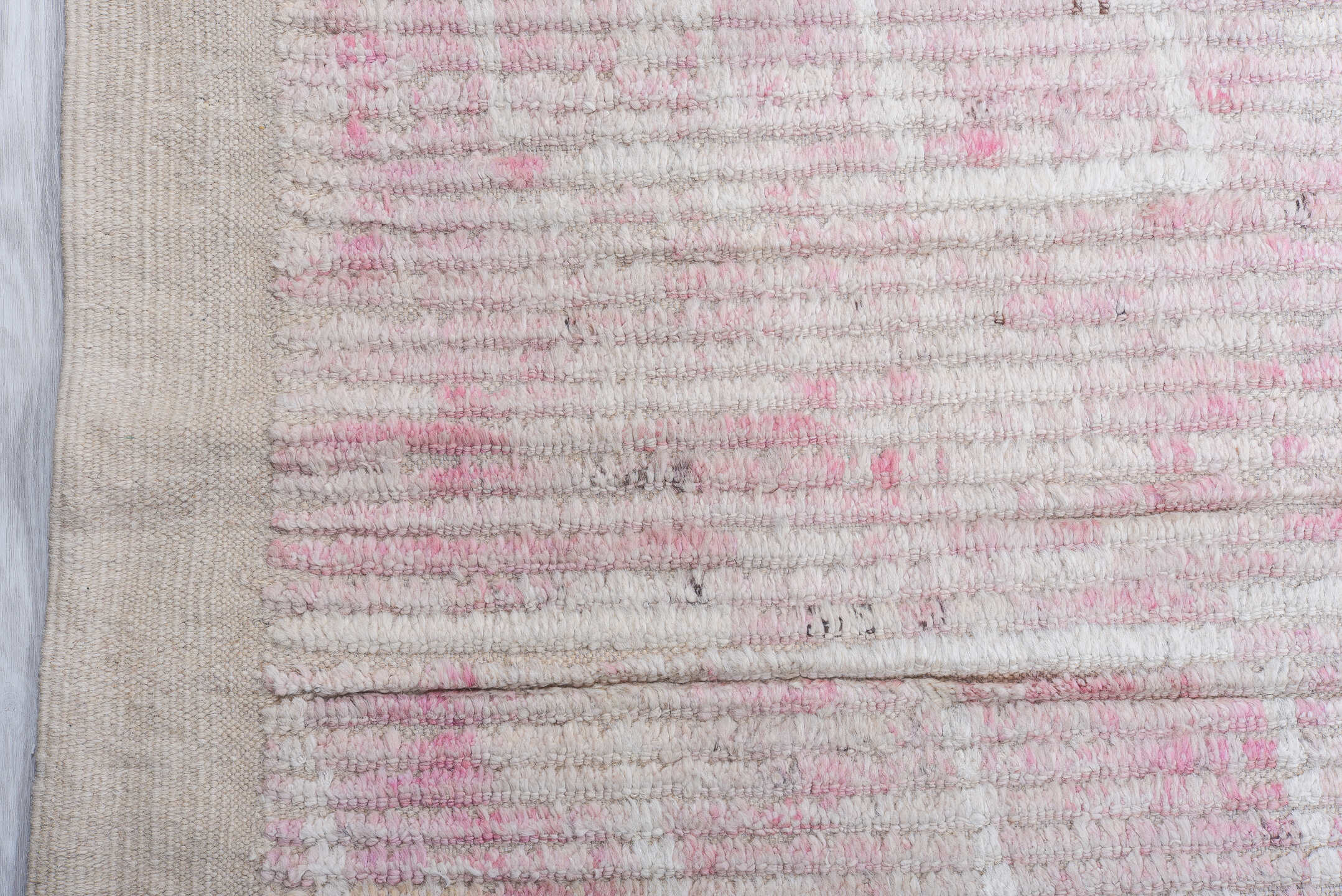 13' x 16' one-of-a-kind handmade vintage Tulu oversize rug. Color palette: ivory, blush pink, cream, pale rose, taupe, pink