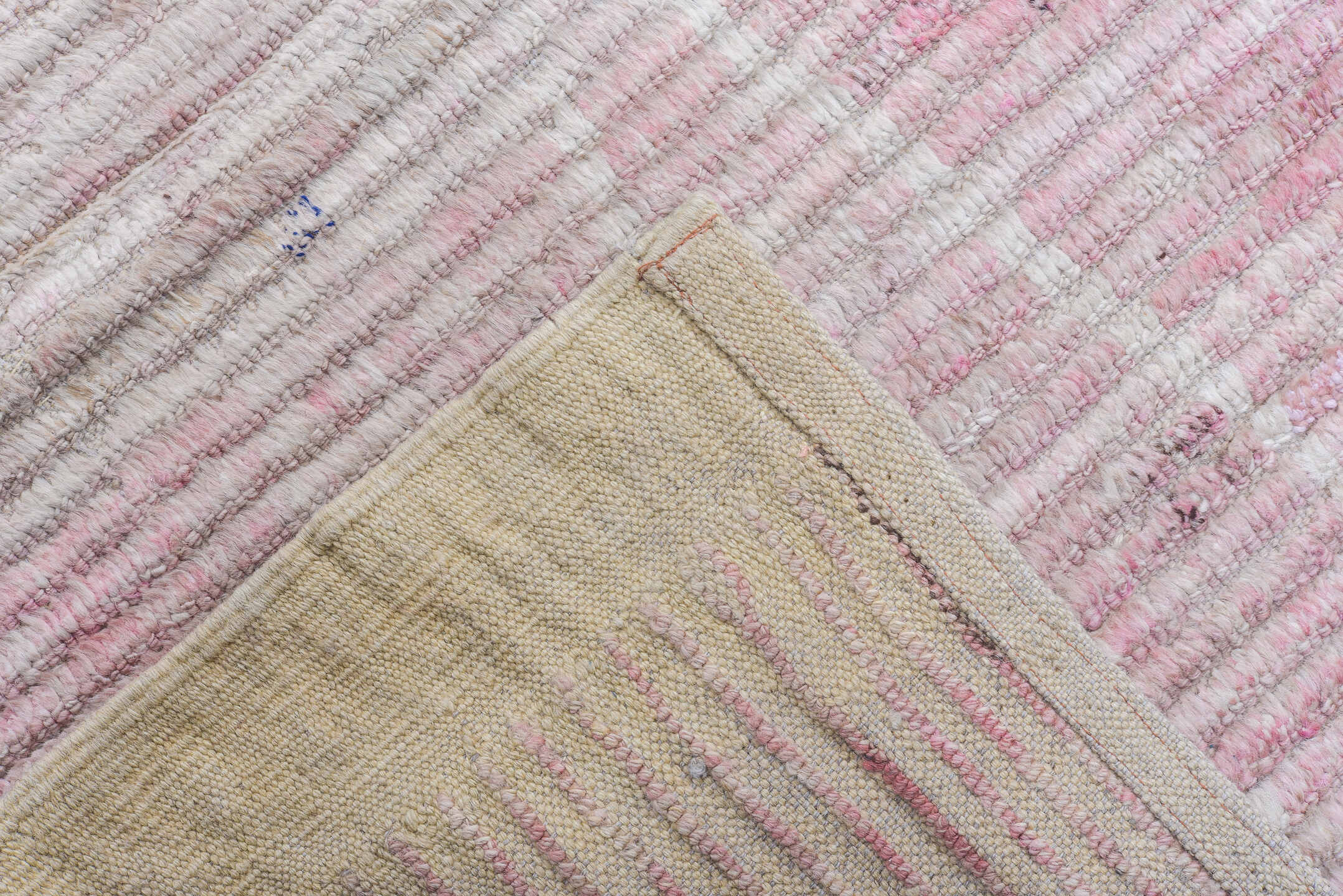 13' x 16' one-of-a-kind handmade vintage Tulu oversize rug. Color palette: ivory, blush pink, cream, pale rose, taupe, pink