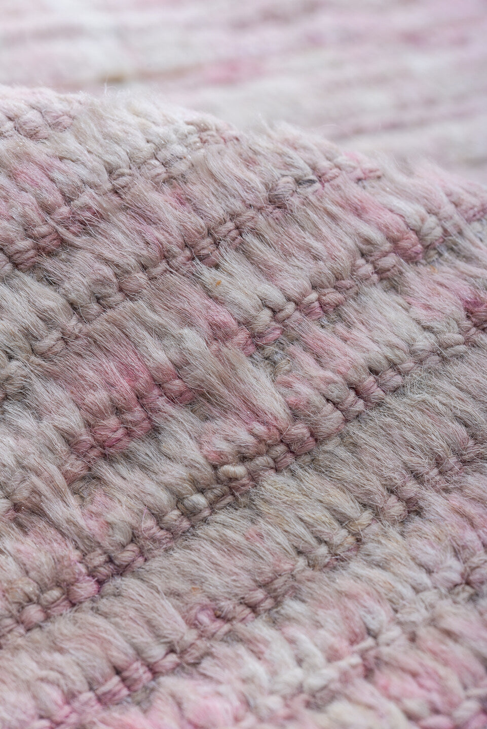 13' x 16' one-of-a-kind handmade vintage Tulu oversize rug. Color palette: ivory, blush pink, cream, pale rose, taupe, pink