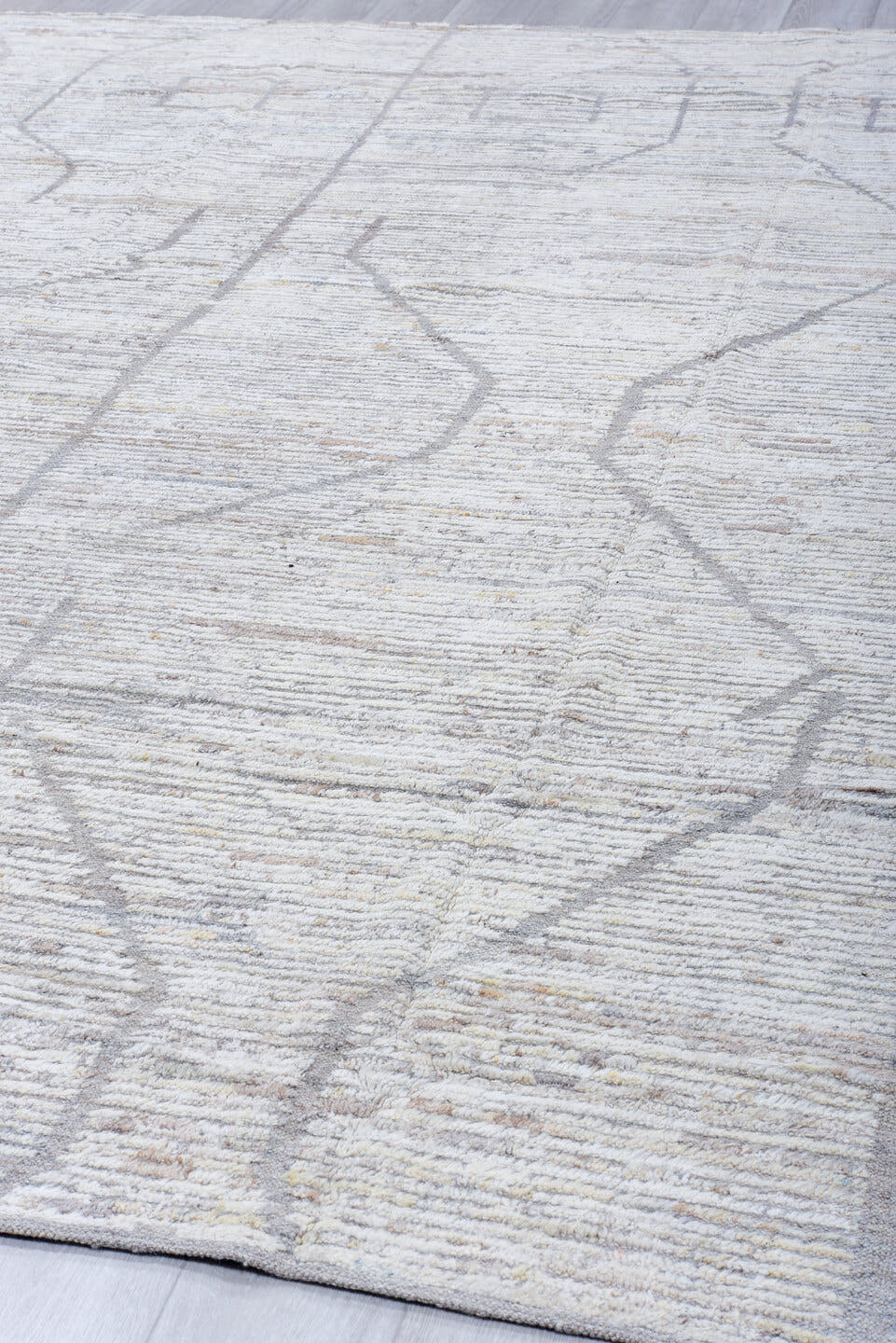 8' x 11' one-of-a-kind handmade vintage Tulu large size rug. Color palette: ivory, pale gray, taupe, cream, beige