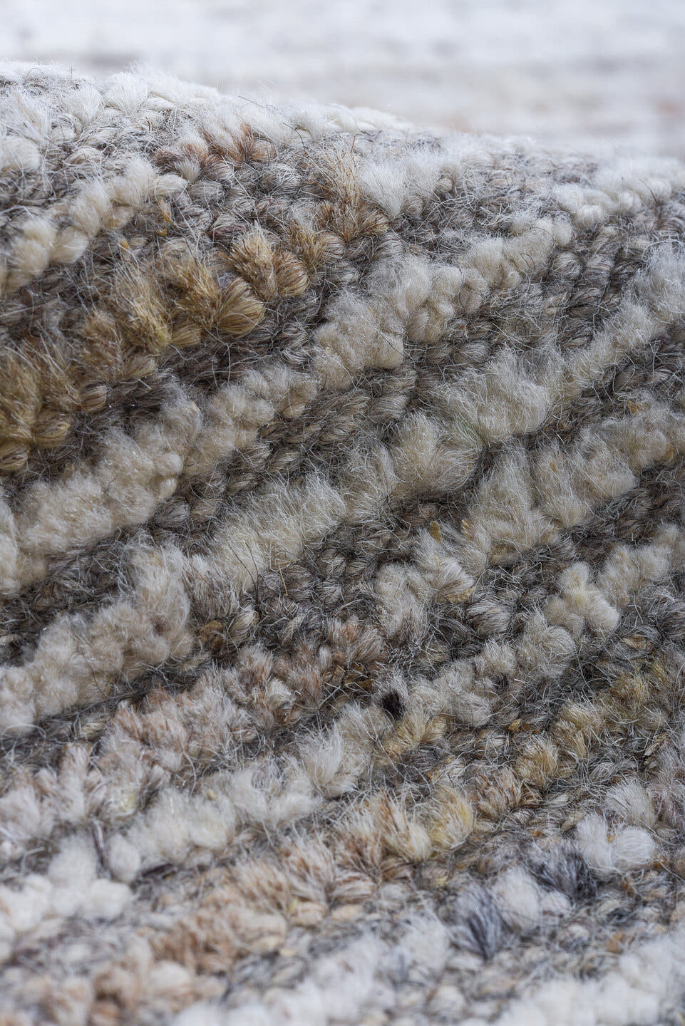 8' x 11' one-of-a-kind handmade vintage Tulu large size rug. Color palette: ivory, pale gray, taupe, cream, beige
