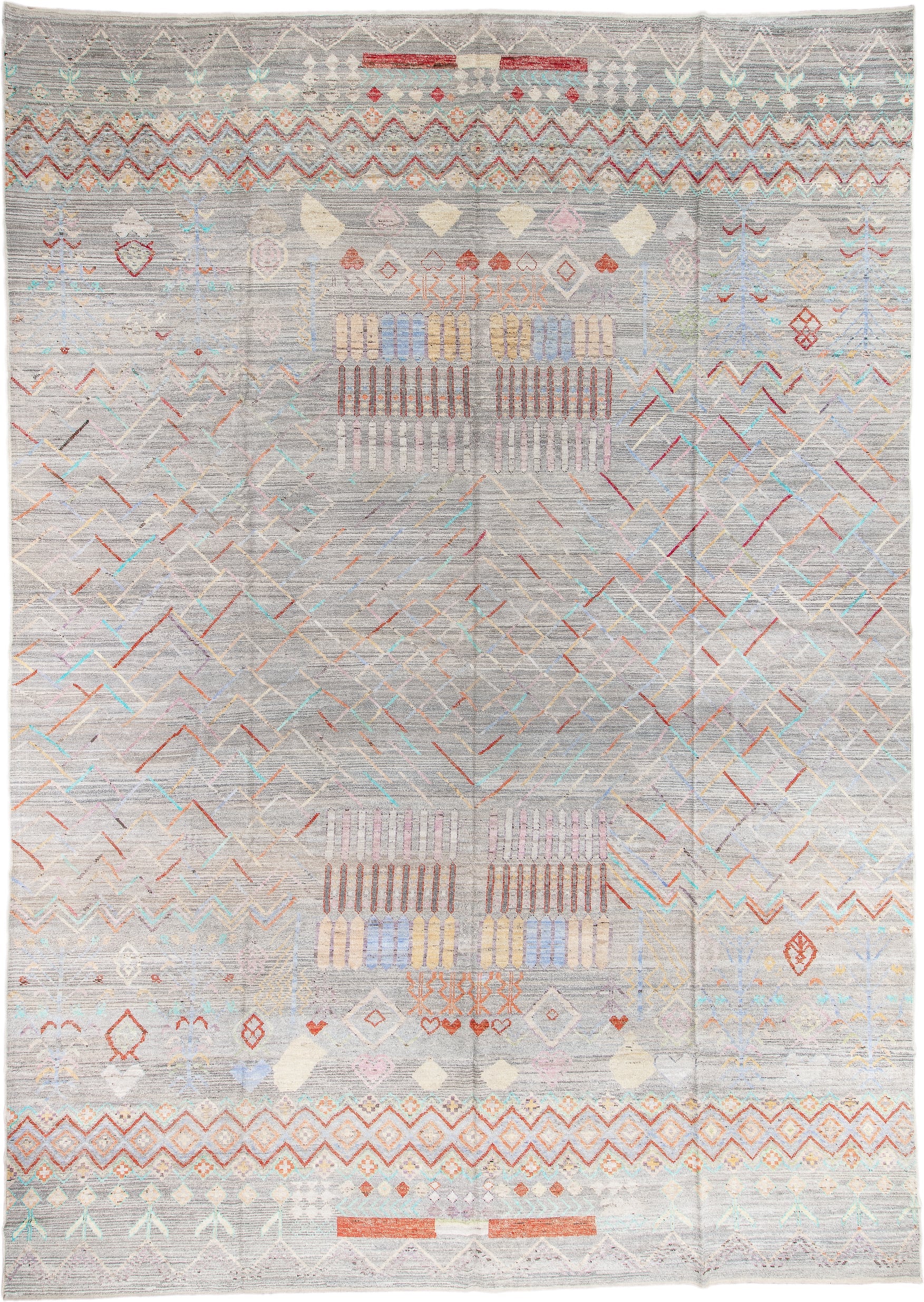 13' x 19' one-of-a-kind handmade vintage Tulu oversize rug. Color palette: gray, ivory, coral, pale_blue, blush, taupe