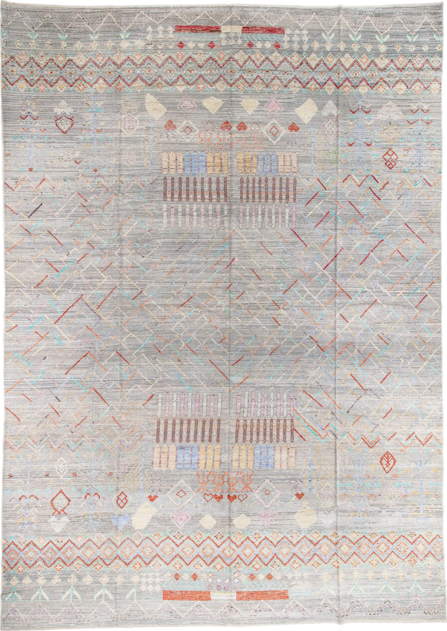 13' x 19' one-of-a-kind handmade vintage Tulu oversize rug. Color palette: off-white, light gray, gray, brown, pink, red