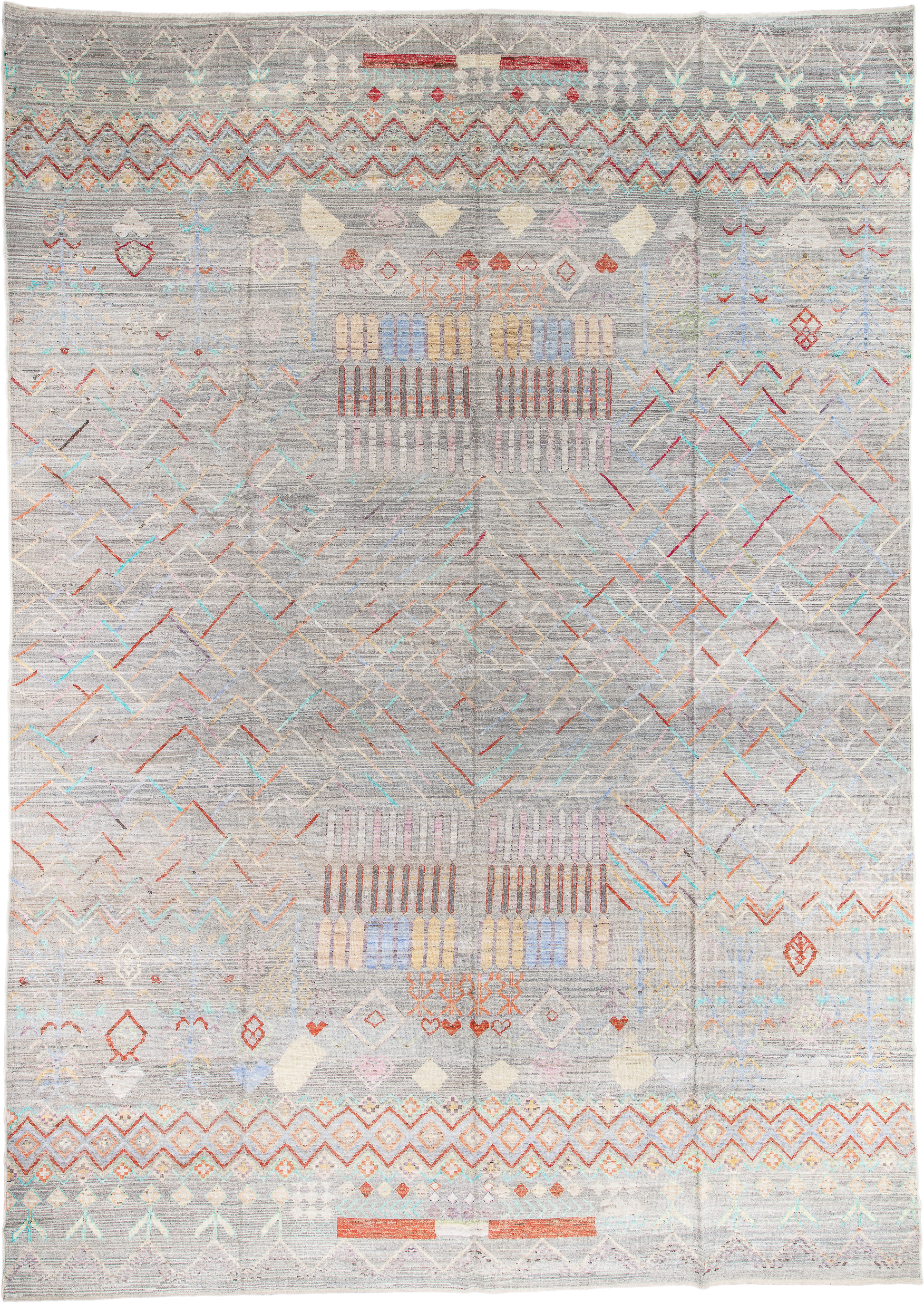 13' x 19' one-of-a-kind handmade vintage Tulu oversize rug. Color palette: gray, ivory, coral, pale_blue, blush, taupe