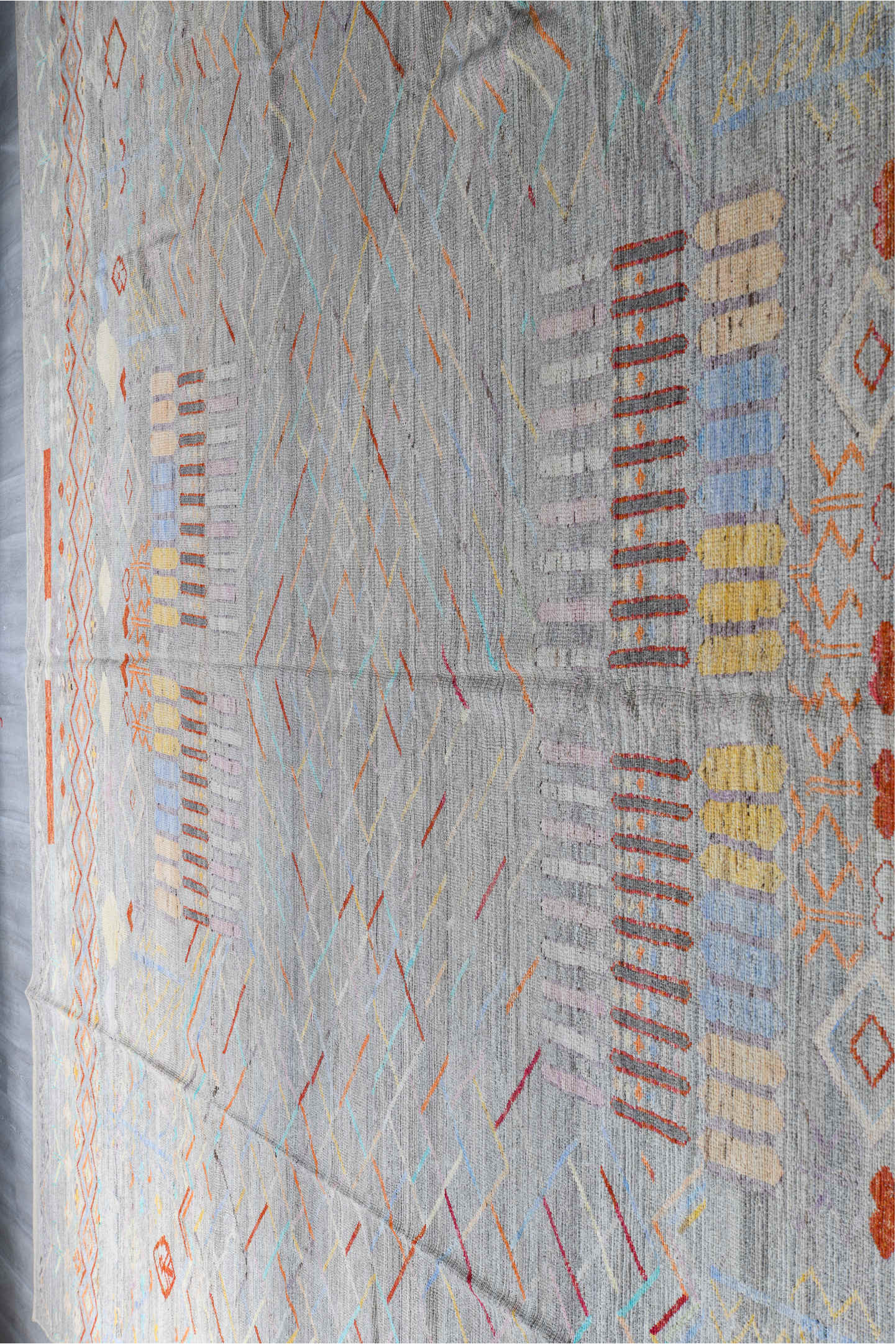 13' x 19' one-of-a-kind handmade vintage Tulu oversize rug. Color palette: gray, ivory, coral, pale_blue, blush, taupe