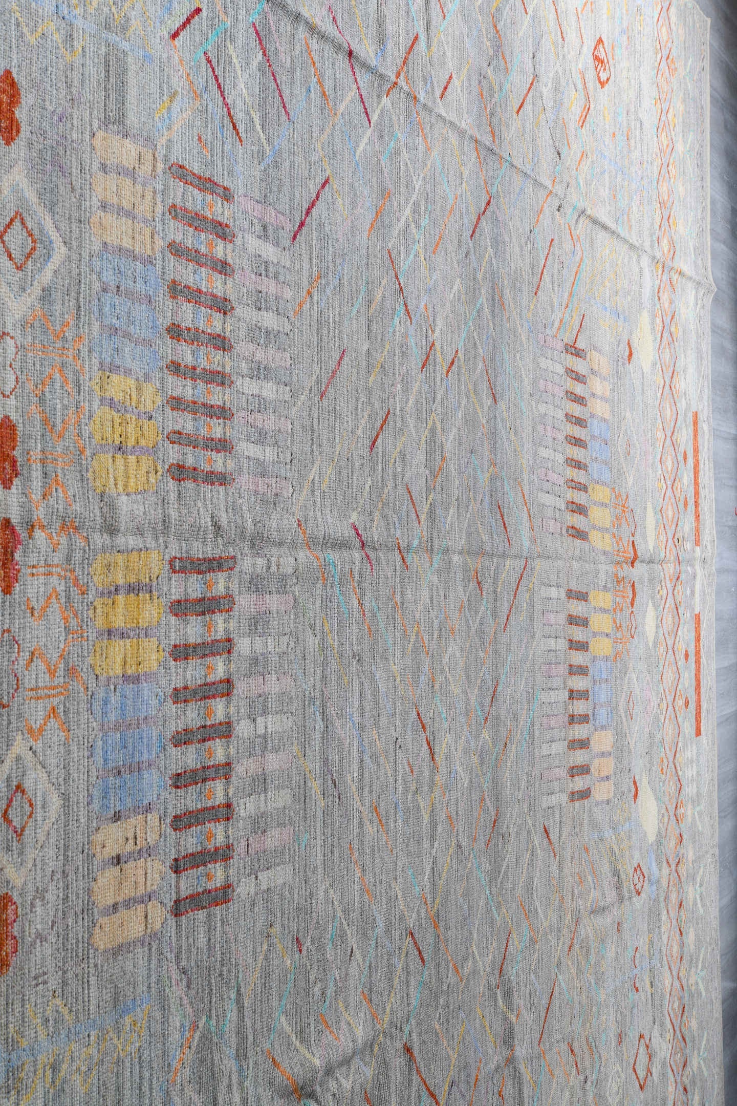 13' x 19' one-of-a-kind handmade vintage Tulu oversize rug. Color palette: gray, ivory, coral, pale_blue, blush, taupe