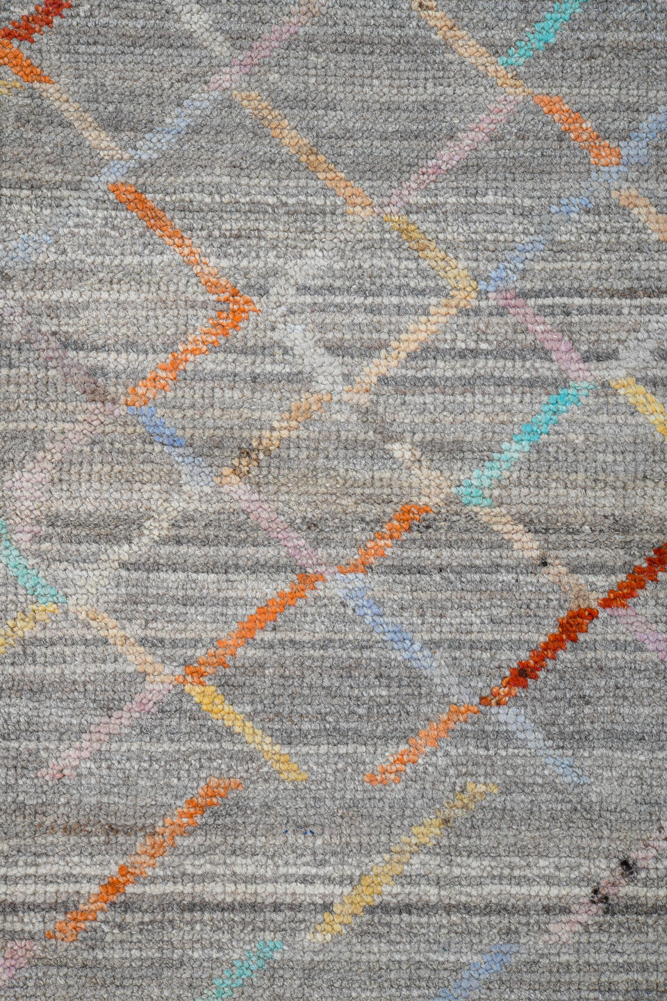 13' x 19' one-of-a-kind handmade vintage Tulu oversize rug. Color palette: gray, ivory, coral, pale_blue, blush, taupe