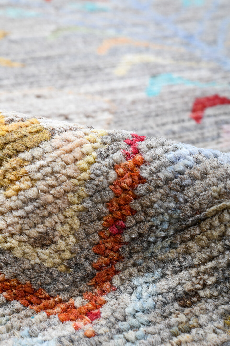 13' x 19' one-of-a-kind handmade vintage Tulu oversize rug. Color palette: gray, ivory, coral, pale_blue, blush, taupe