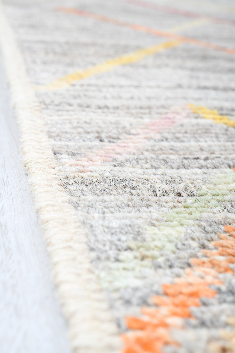 13' x 19' one-of-a-kind handmade vintage Tulu oversize rug. Color palette: gray, ivory, coral, pale_blue, blush, taupe
